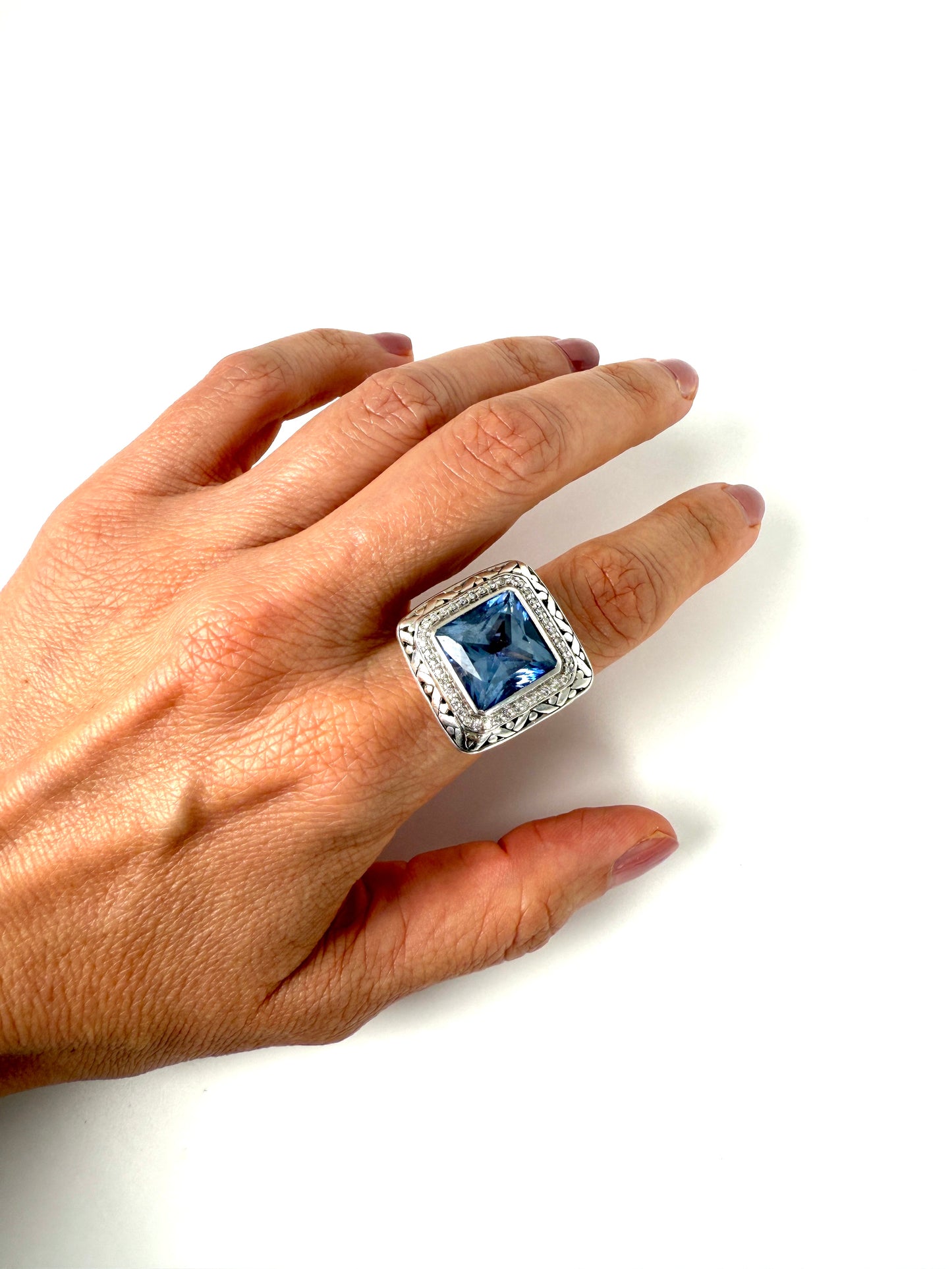John Hardy Batu Sari Blue Topaz Diamond Large Gold Sterling Silver Square Ring 7.25