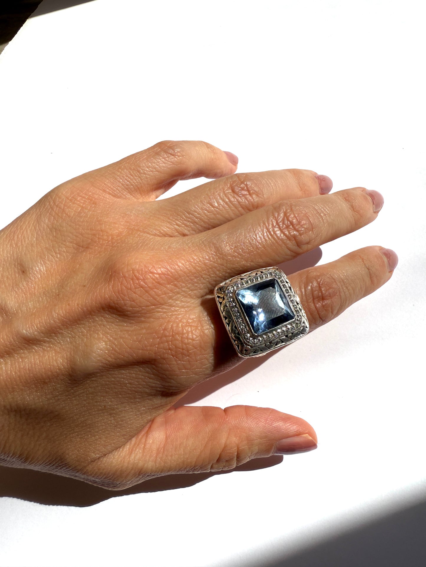 John Hardy Batu Sari Blue Topaz Diamond Large Gold Sterling Silver Square Ring 7.25