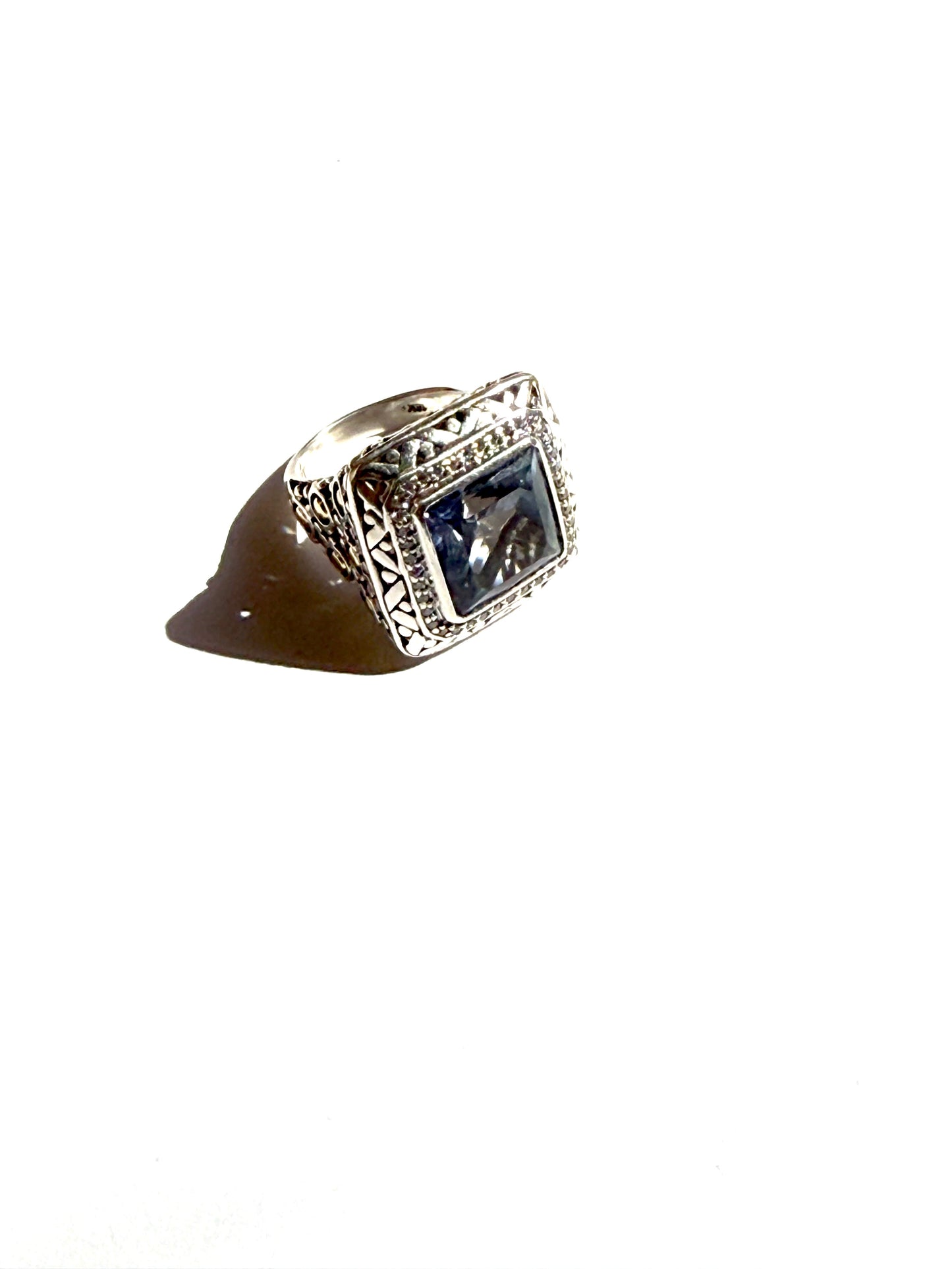 John Hardy Batu Sari Blue Topaz Diamond Large Gold Sterling Silver Square Ring 7.25