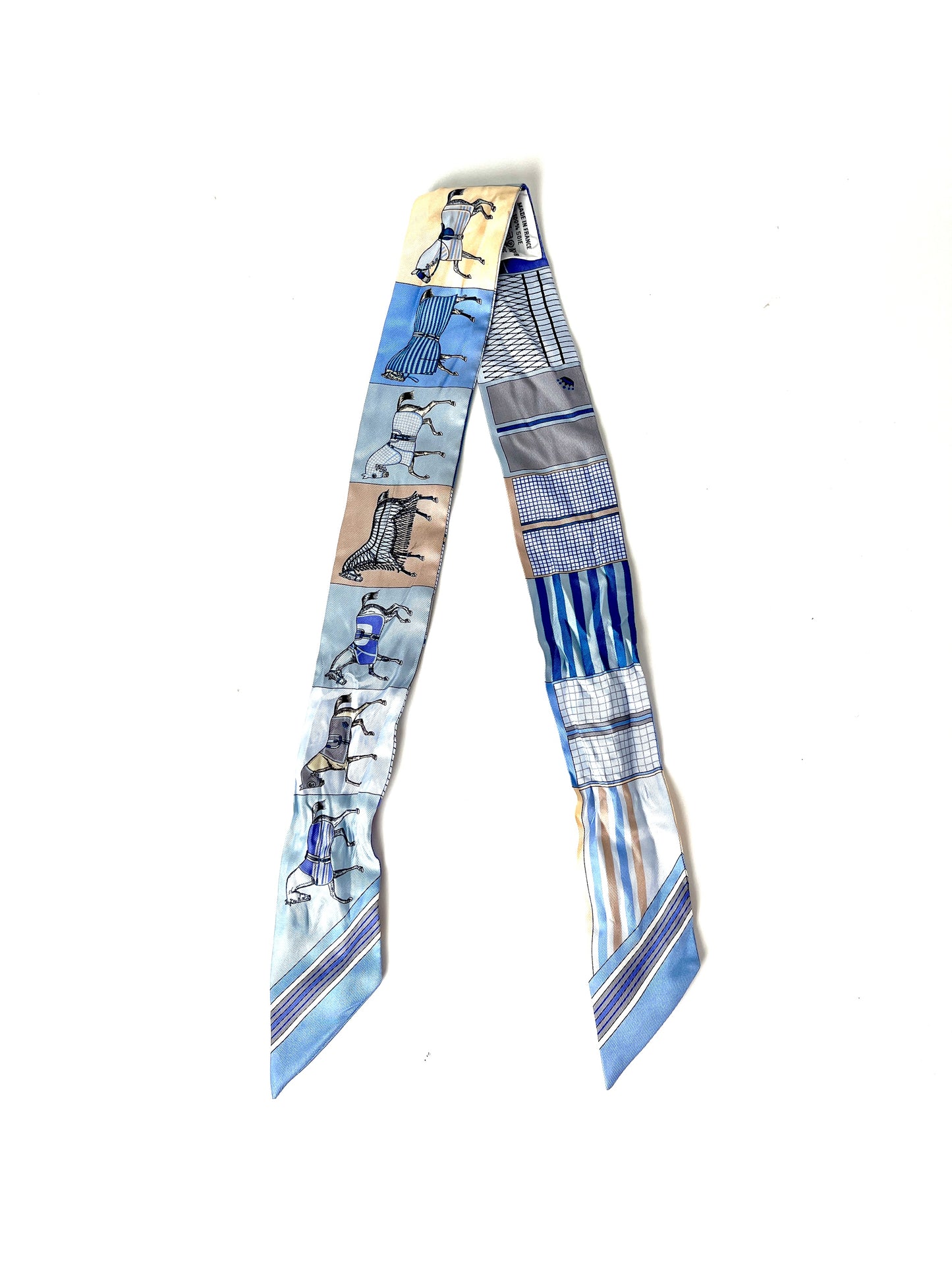 Hermes Blue Couvertures Nouvelles Horse Print Ciel Marine Sable Silk Twilly Scarf