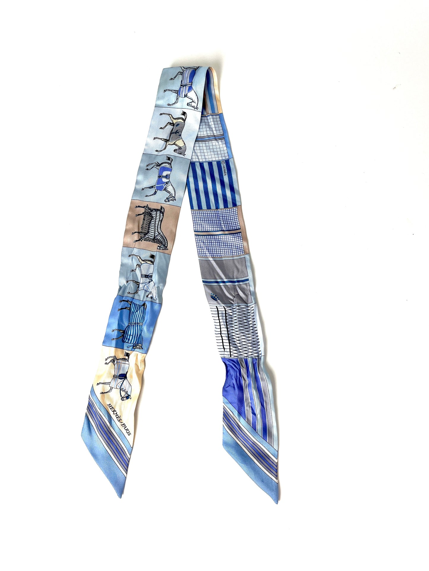 Hermes Blue Couvertures Nouvelles Horse Print Ciel Marine Sable Silk Twilly Scarf