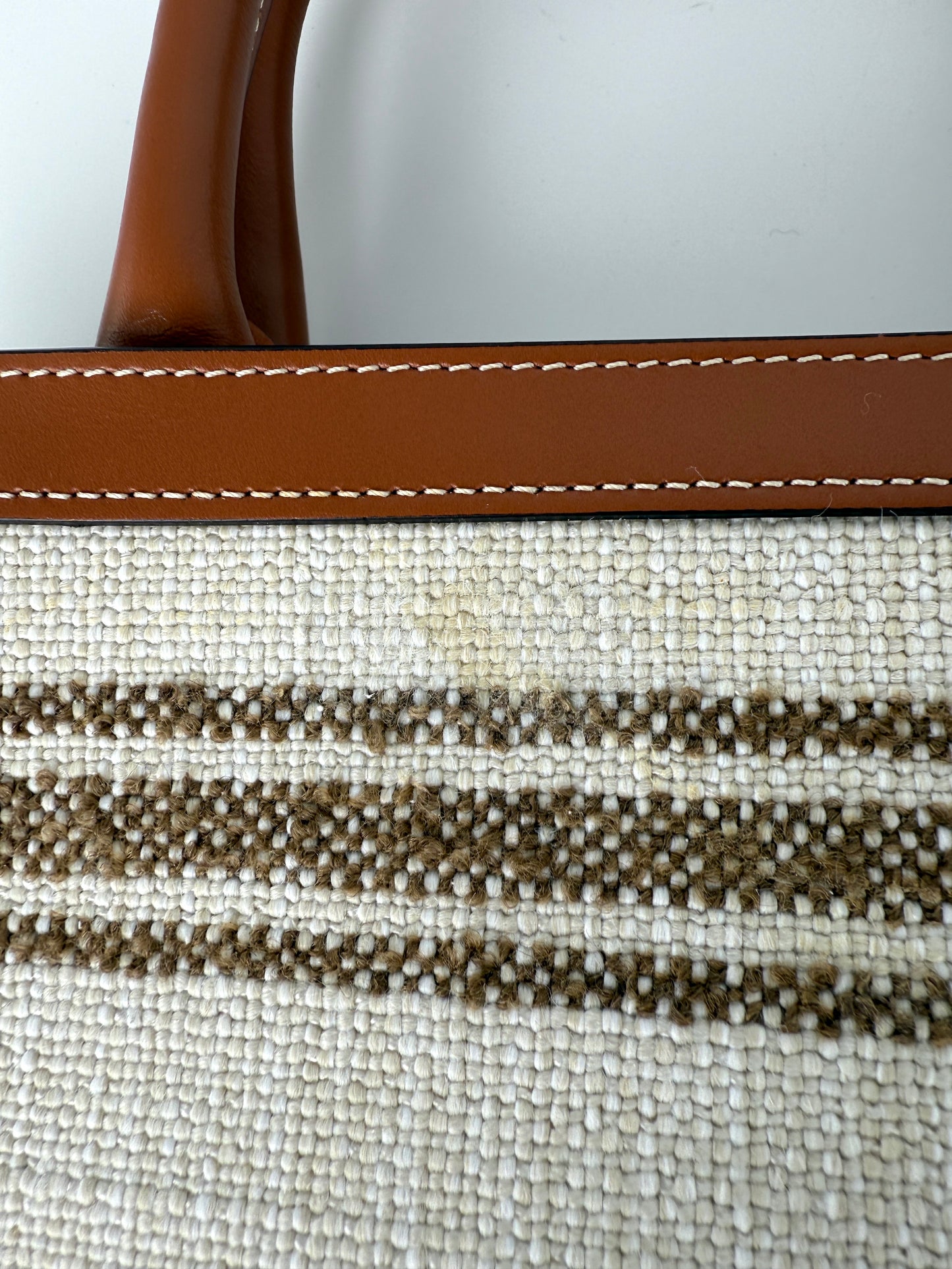 CELINE Raffia Striped Tobacco Tan Leather Trim Vertical Cabas Top Handle Crossbody Tote New with tag