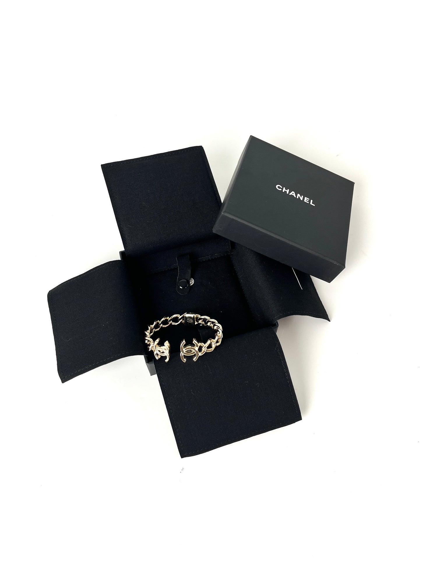 CHANEL 2022 CC Logo Light Gold Metal Cuff Bracelet