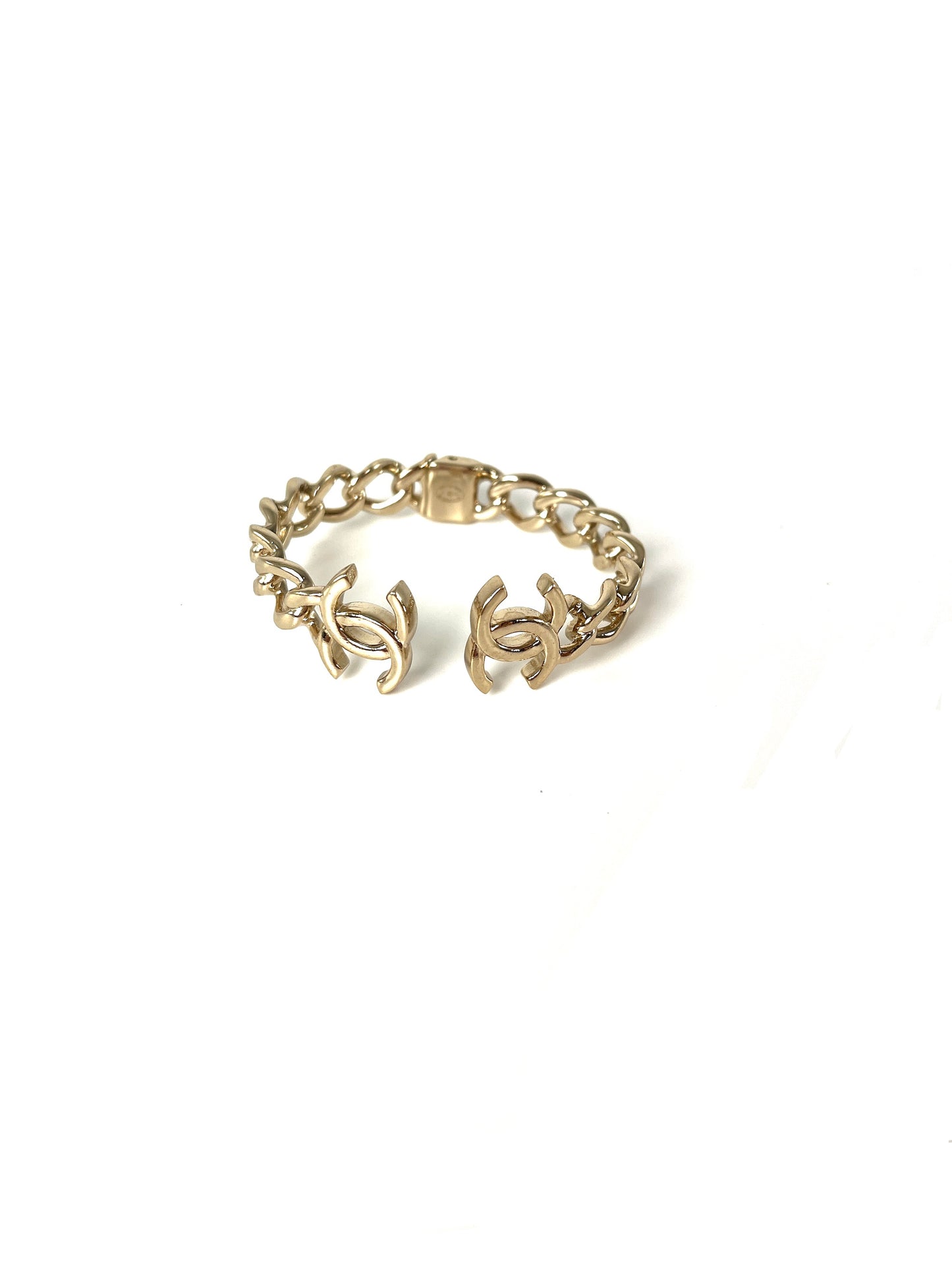 CHANEL 2022 CC Logo Light Gold Metal Cuff Bracelet