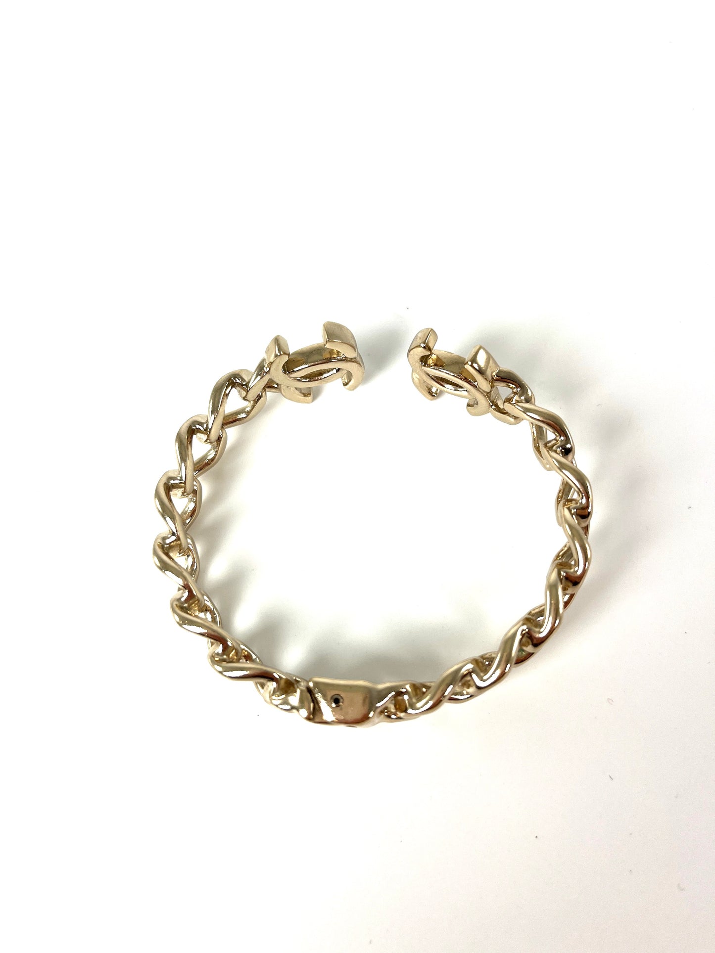 CHANEL 2022 CC Logo Light Gold Metal Cuff Bracelet