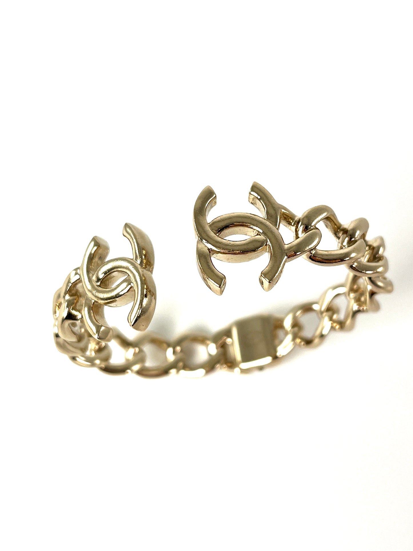 CHANEL 2022 CC Logo Light Gold Metal Cuff Bracelet