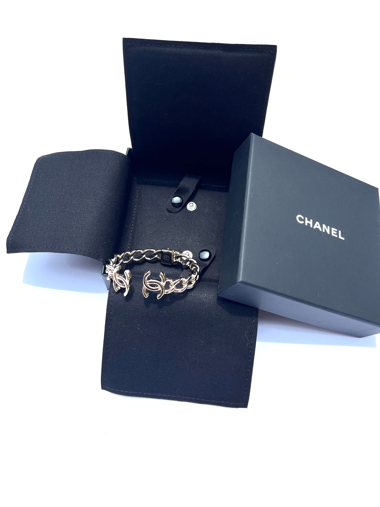 CHANEL 2022 CC Logo Light Gold Metal Cuff Bracelet