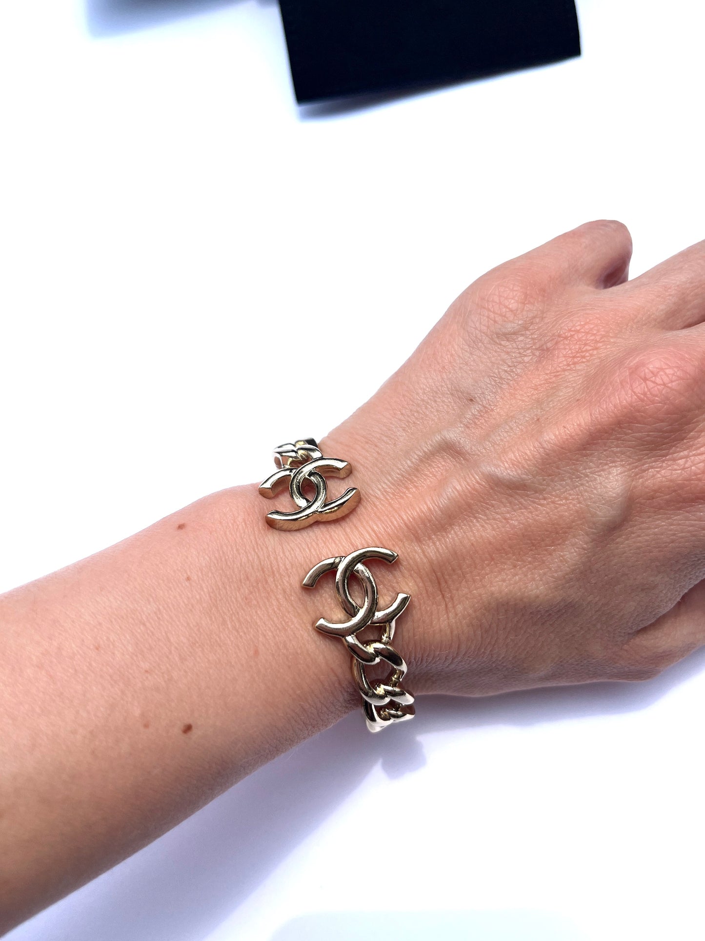 CHANEL 2022 CC Logo Light Gold Metal Cuff Bracelet