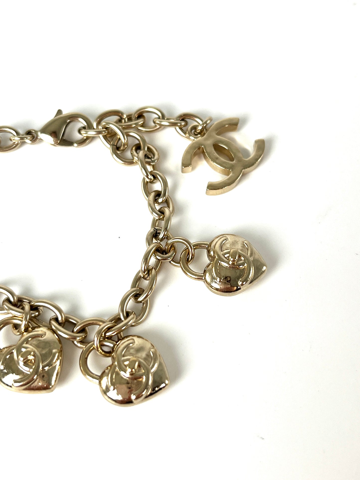 CHANEL 2022 CC Logo Light Gold Metal Charm Bracelet