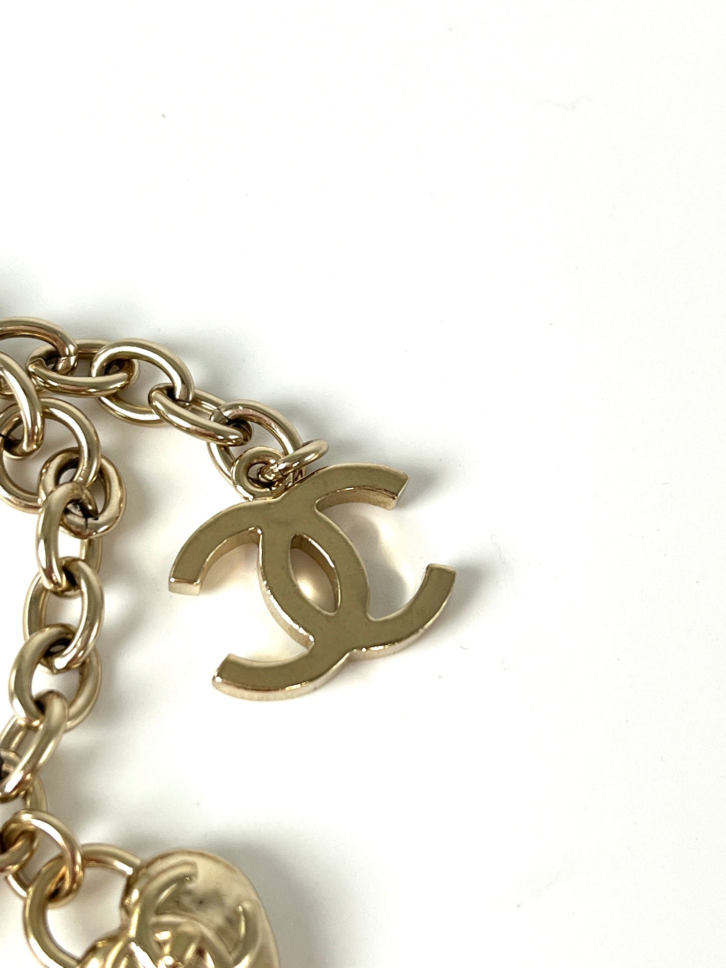 CHANEL 2022 CC Logo Light Gold Metal Charm Bracelet