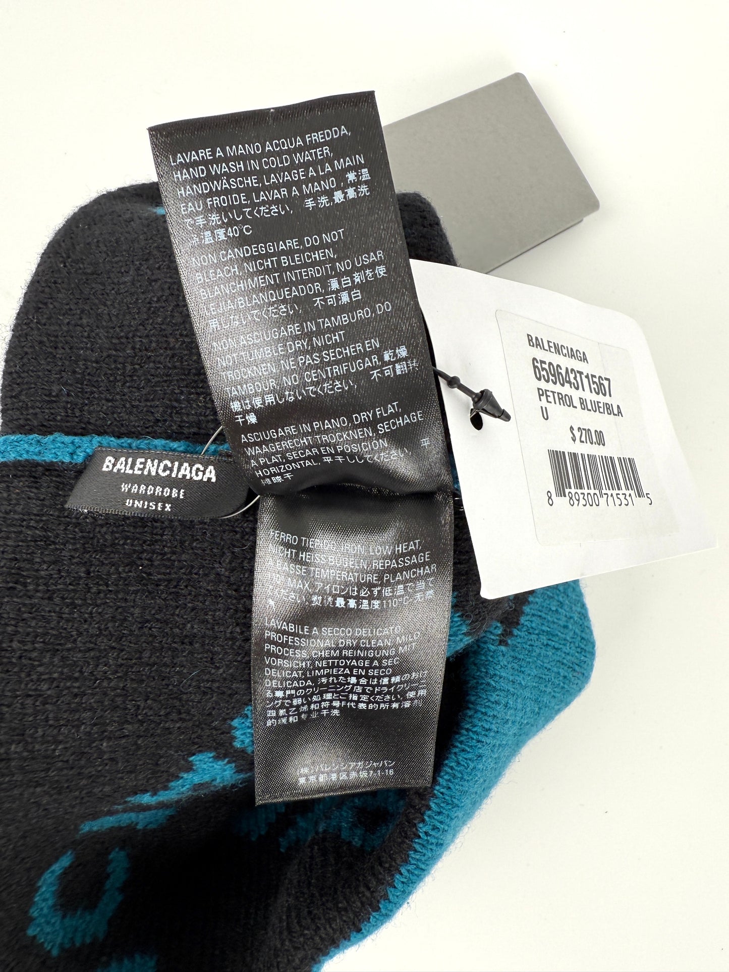 BALENCIAGA Beanie Wool Unisex Logo Blue Black Hat New with tags