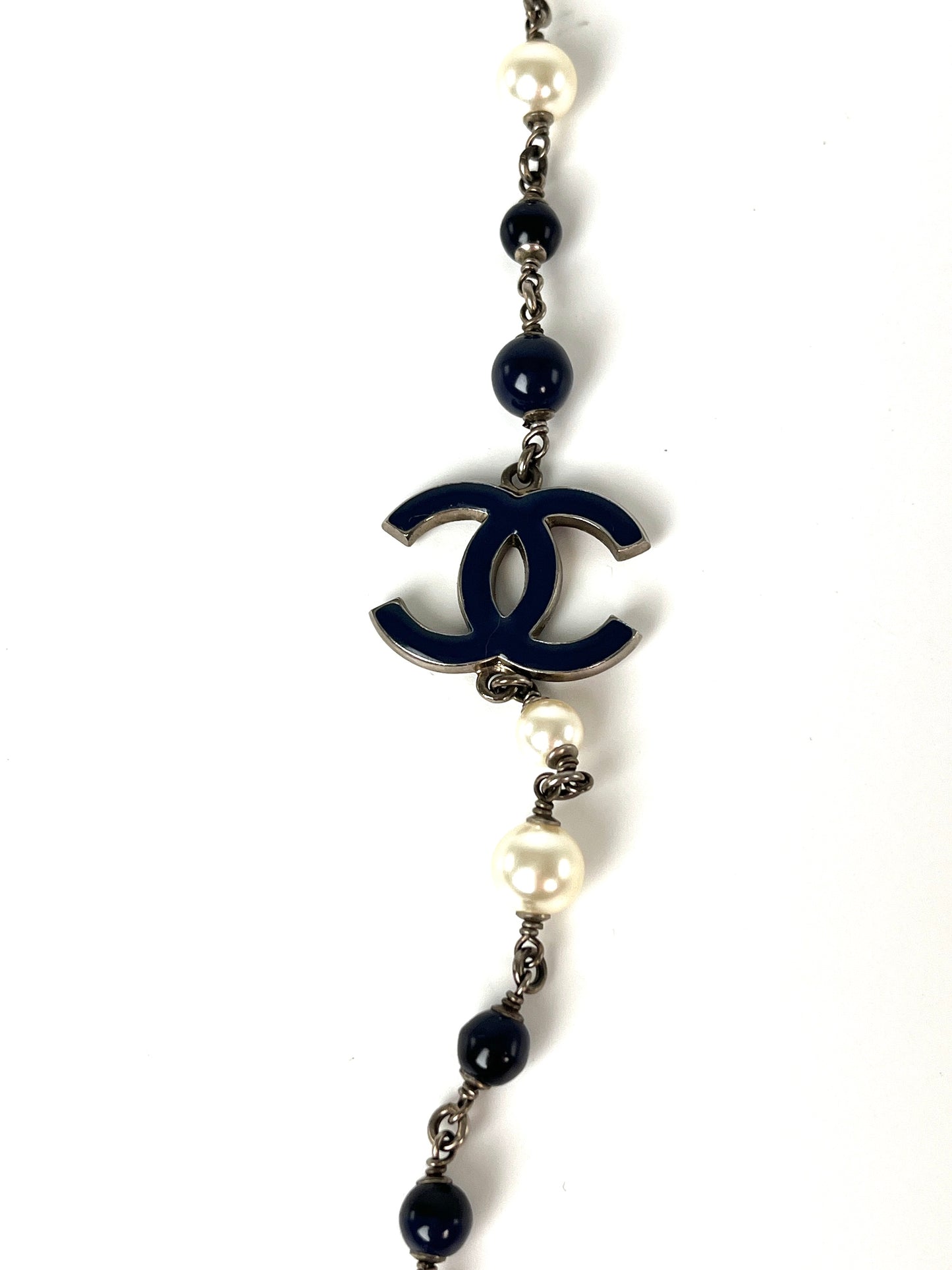 CHANEL Faux Pearl Navy CC Station Bead Long Necklace