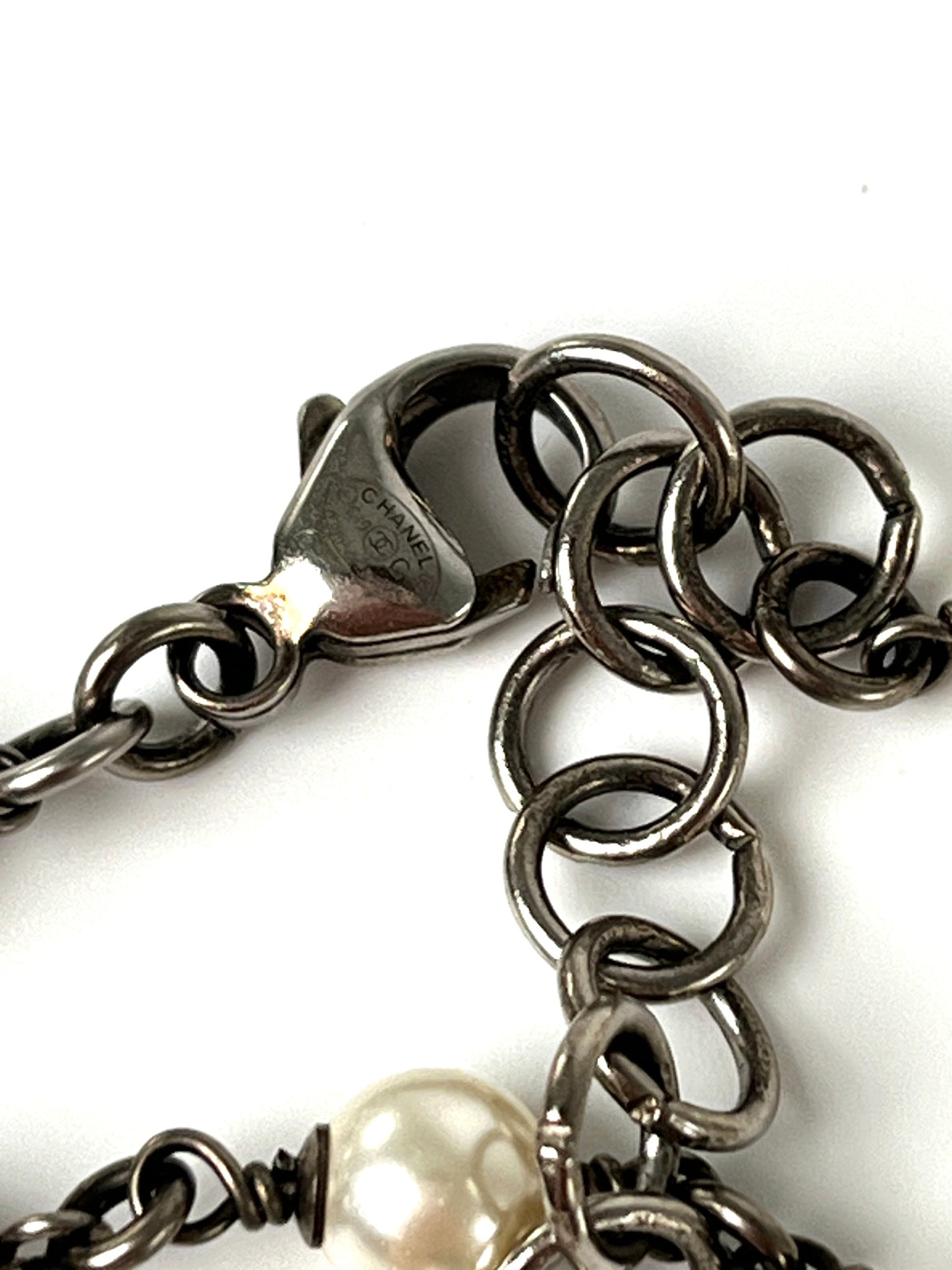 CHANEL Faux Pearl Navy CC Station Bead Long Necklace