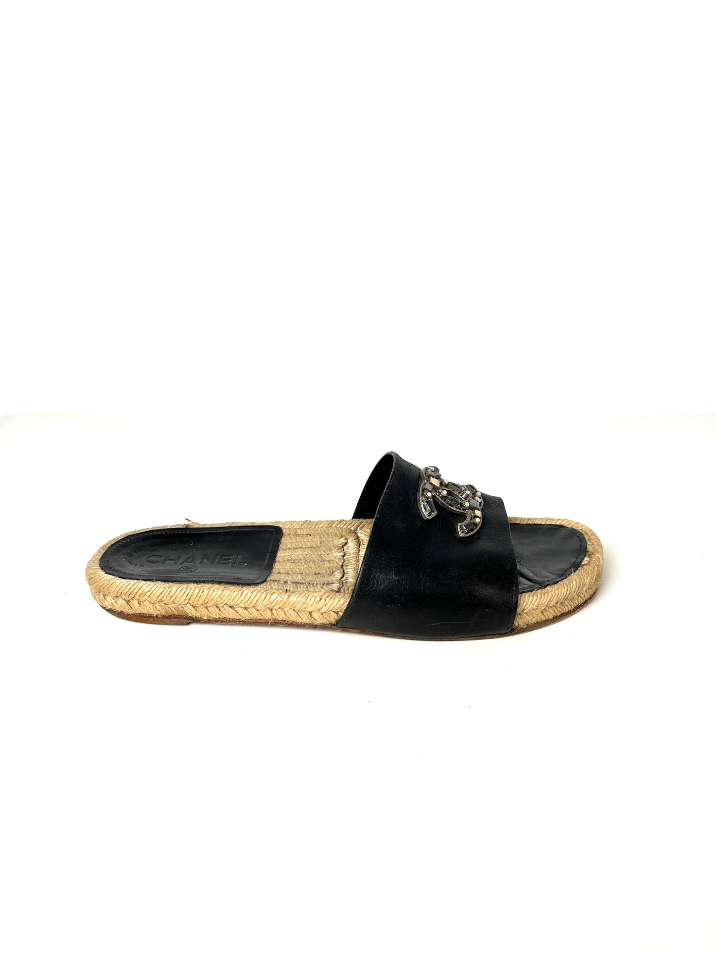 CHANEL 2017 Espadrille Black CC Logo Leather Slip on Slides Sandals 41 10.5