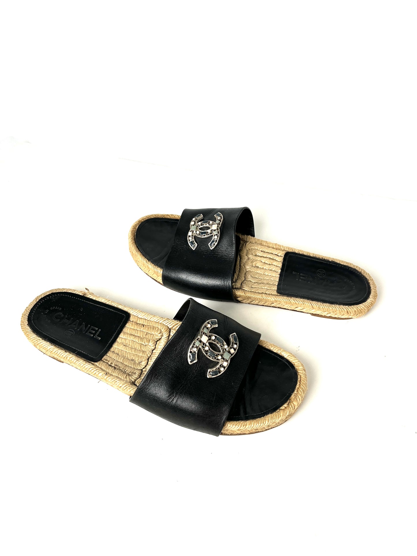 CHANEL 2017 Espadrille Black CC Logo Leather Slip on Slides Sandals 41 10.5