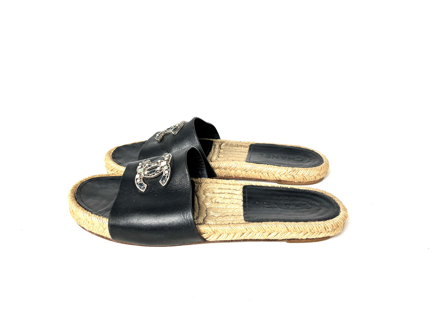 CHANEL 2017 Espadrille Black CC Logo Leather Slip on Slides Sandals 41 10.5