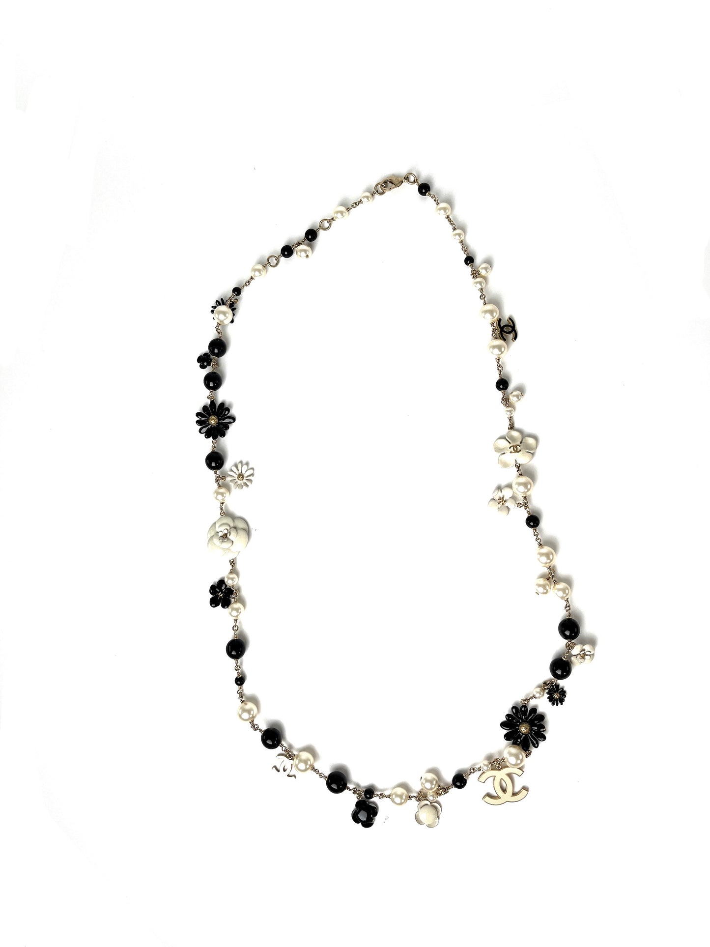 CHANEL Faux Pearl CC Black White Flower Station Long Necklace