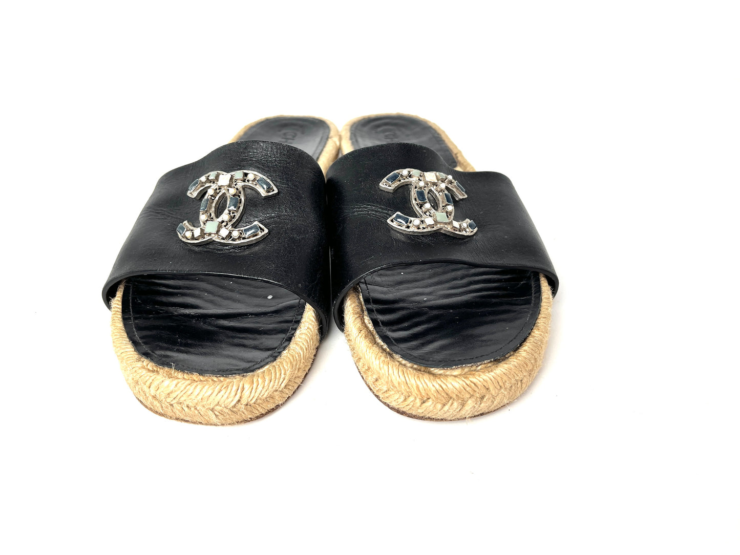 CHANEL 2017 Espadrille Black CC Logo Leather Slip on Slides Sandals 41 10.5