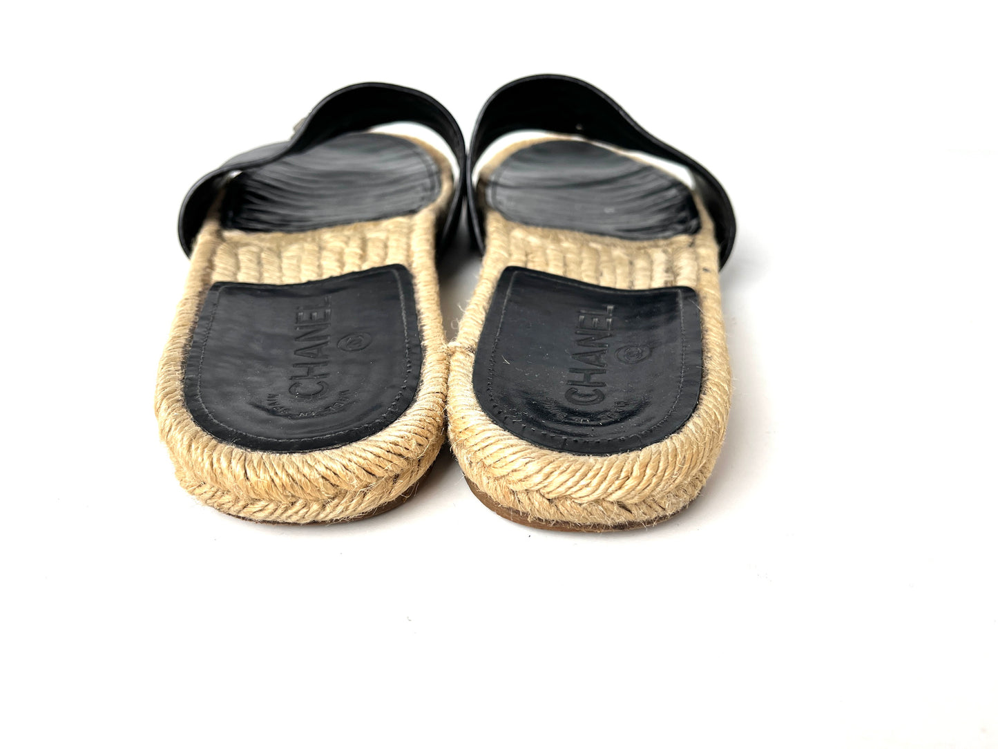 CHANEL 2017 Espadrille Black CC Logo Leather Slip on Slides Sandals 41 10.5