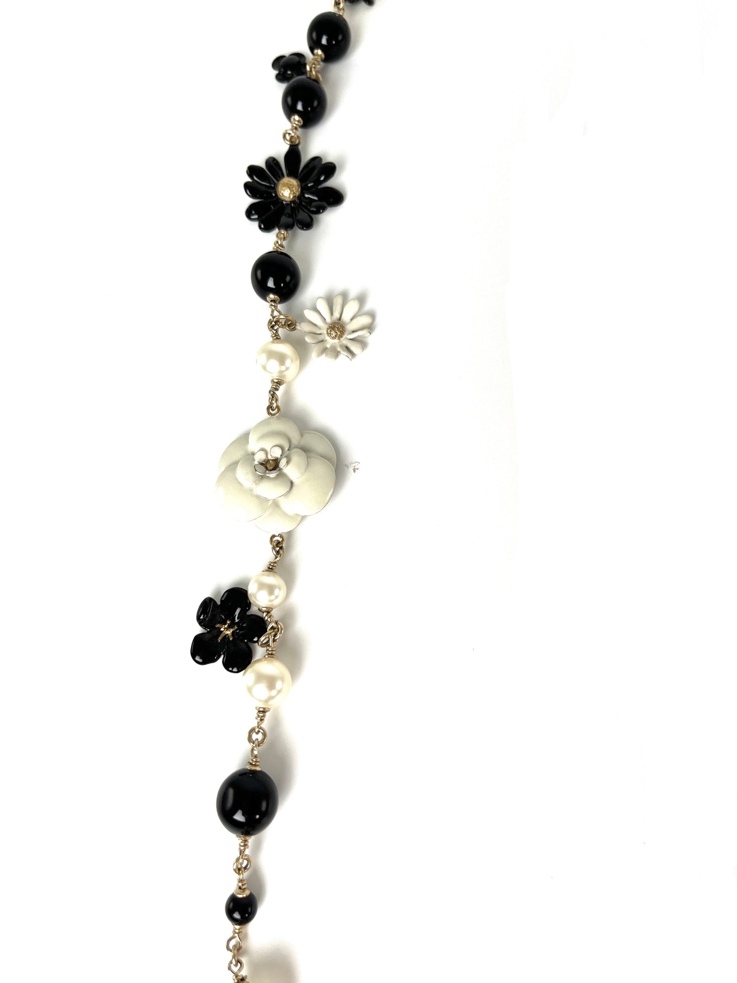 CHANEL Faux Pearl CC Black White Flower Station Long Necklace
