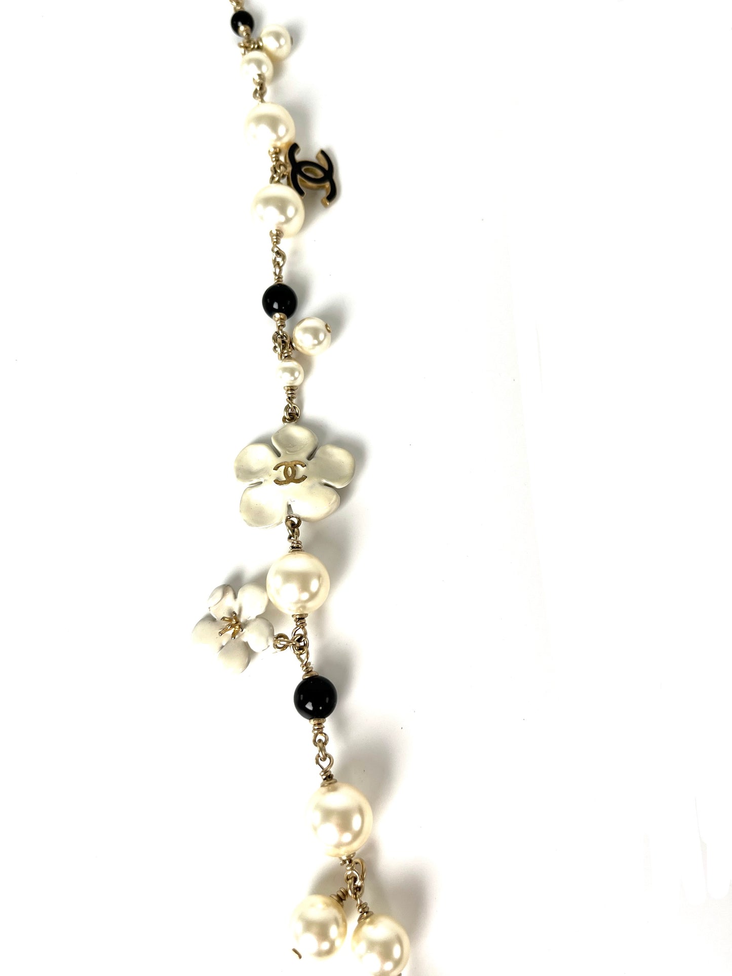 CHANEL Faux Pearl CC Black White Flower Station Long Necklace