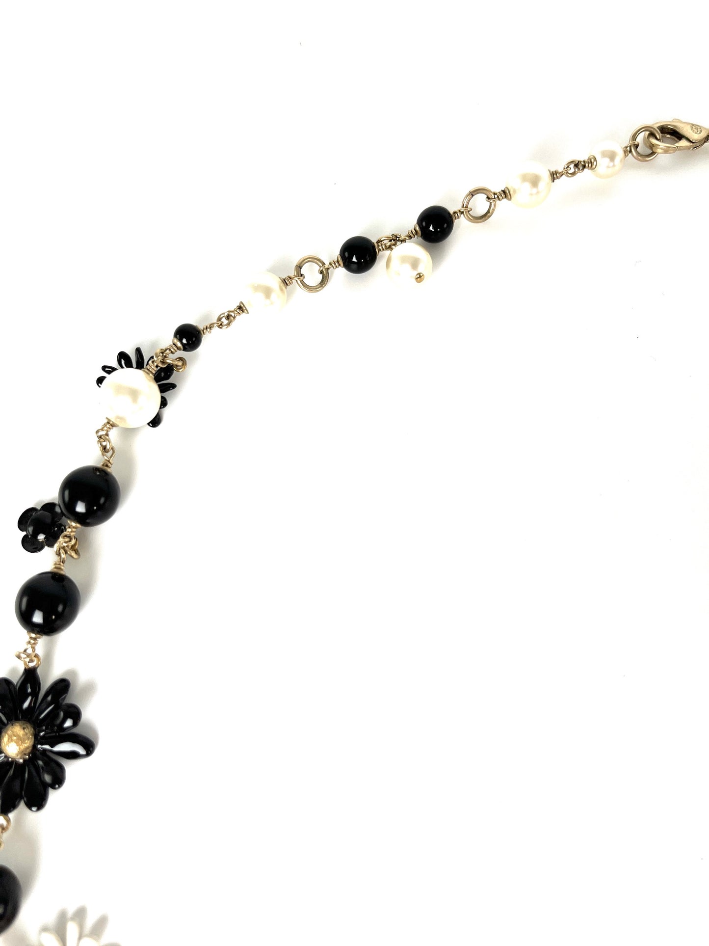 CHANEL Faux Pearl CC Black White Flower Station Long Necklace