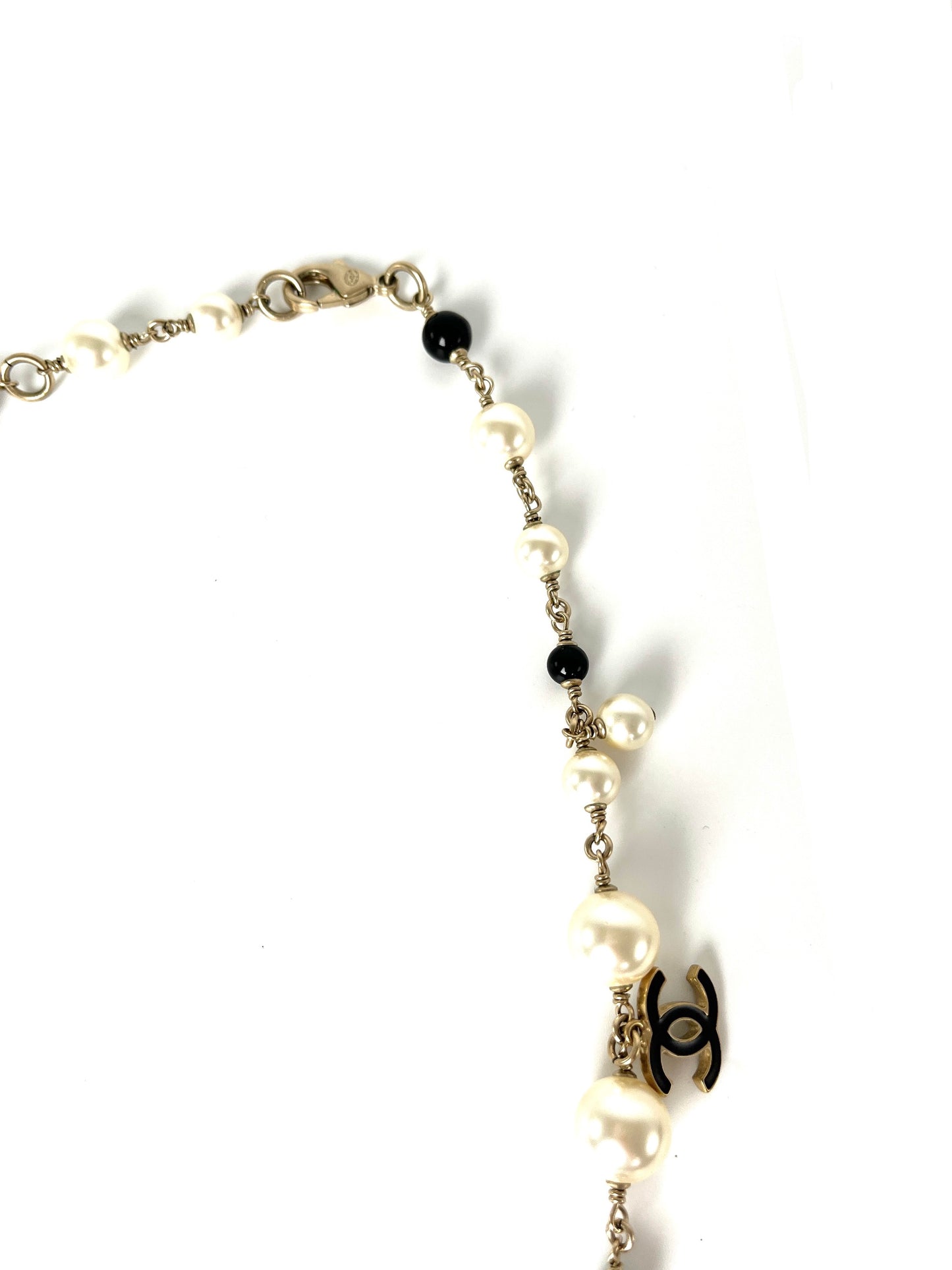 CHANEL Faux Pearl CC Black White Flower Station Long Necklace
