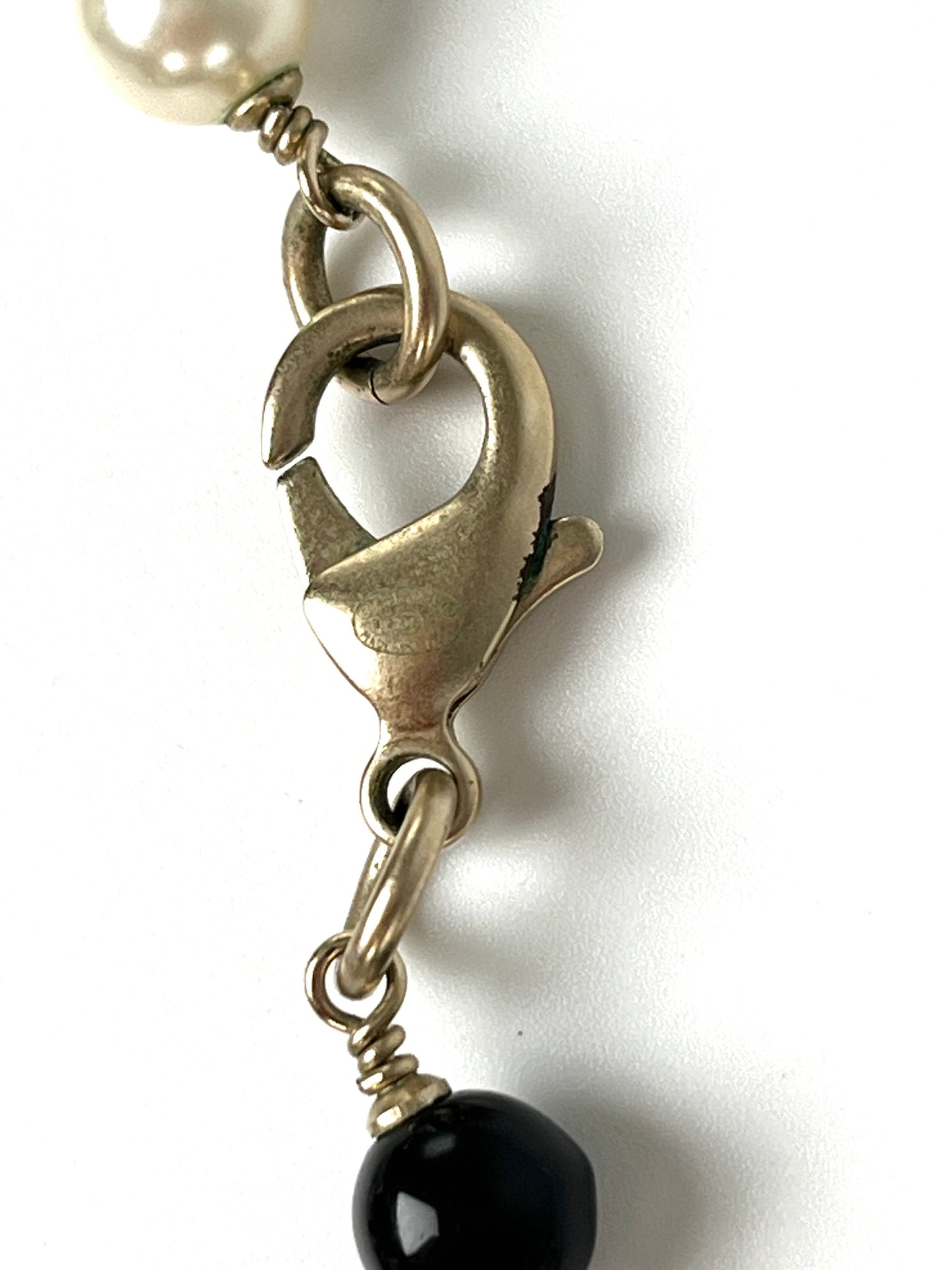 CHANEL Faux Pearl CC Black White Flower Station Long Necklace