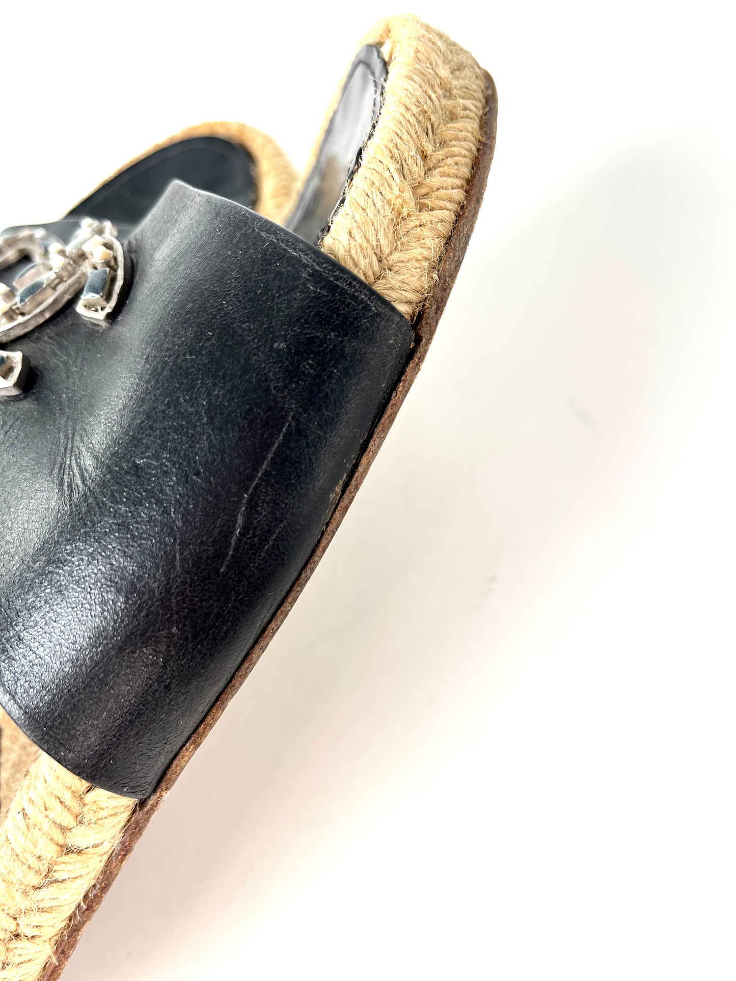 CHANEL 2017 Espadrille Black CC Logo Leather Slip on Slides Sandals 41 10.5