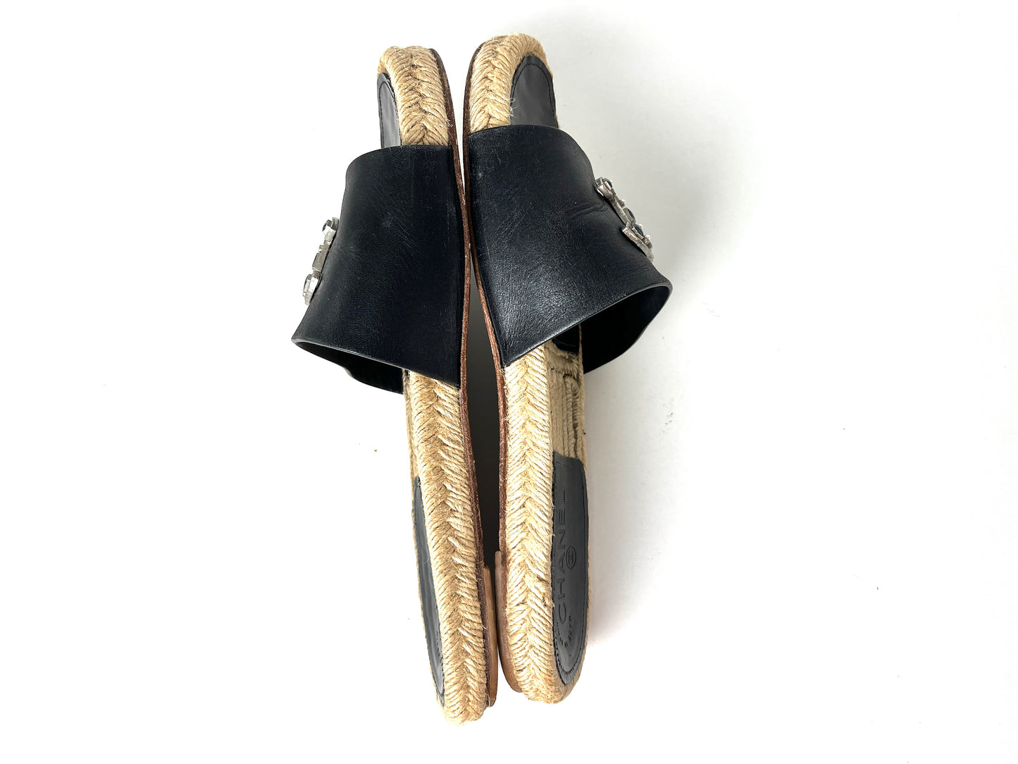 CHANEL 2017 Espadrille Black CC Logo Leather Slip on Slides Sandals 41 10.5