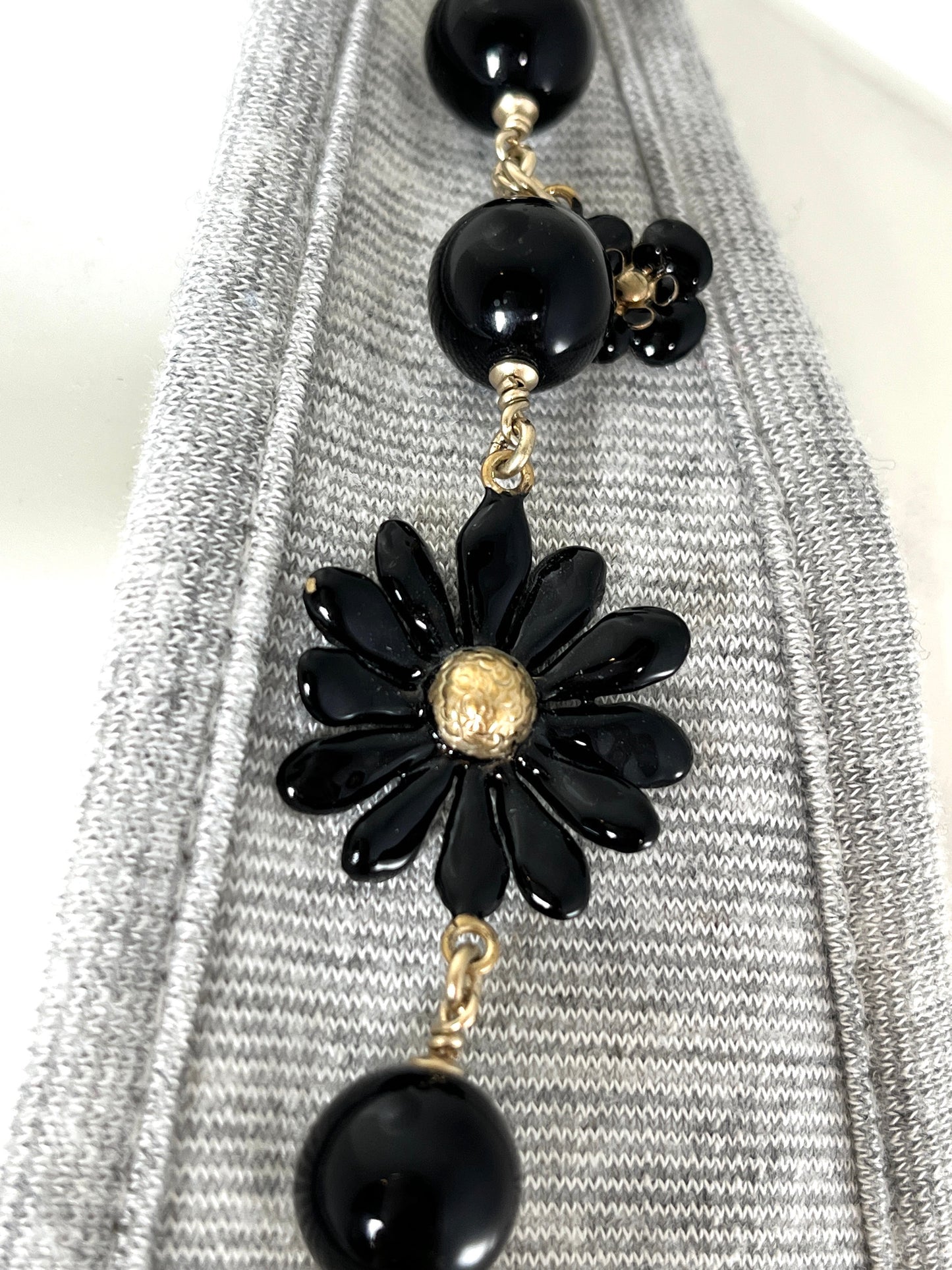 CHANEL Faux Pearl CC Black White Flower Station Long Necklace