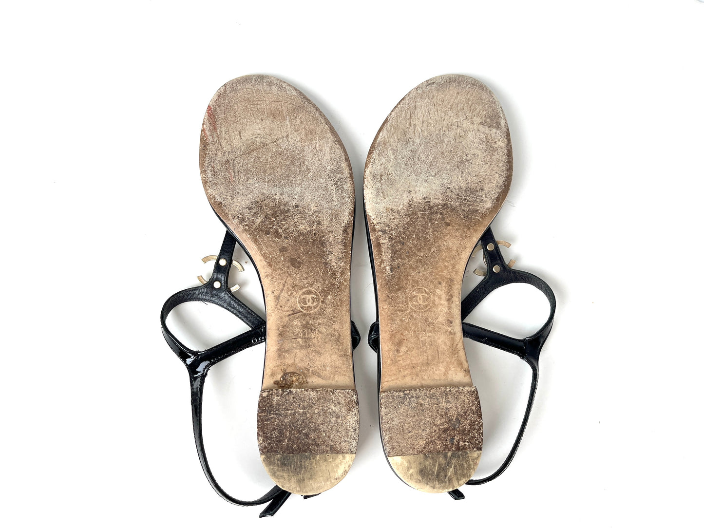 CHANEL Black CC Logo Patent Leather T Strap Sandals 41.5C 10.5