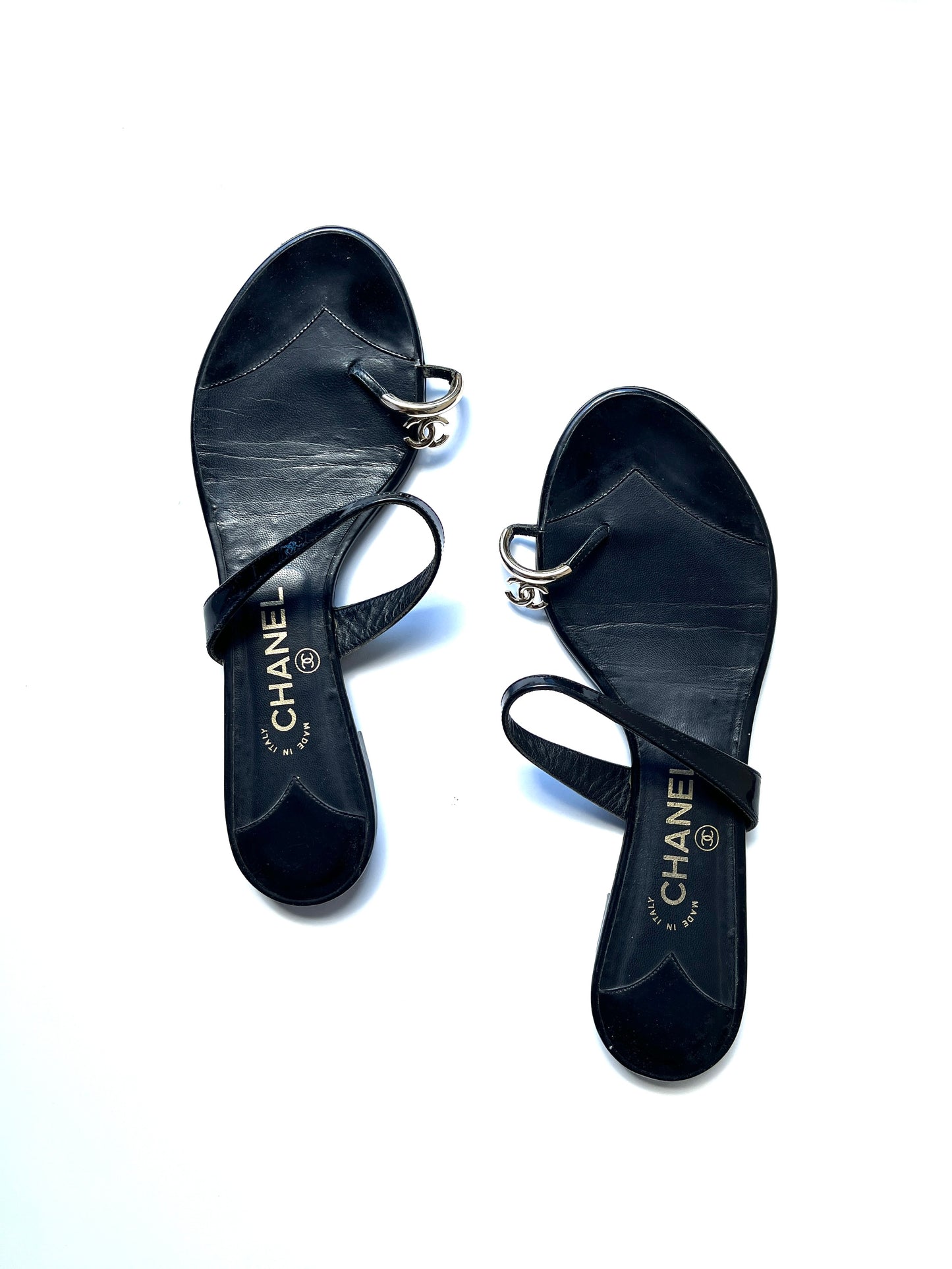 CHANEL Black CC Logo Leather Slip on Sandals 41.5 10.5