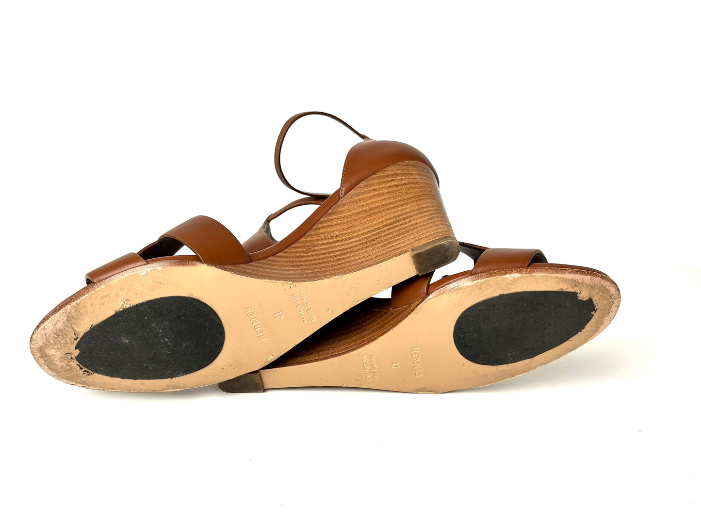 HERMES Legend Gold Wedge Heel Sandals 41 10.5