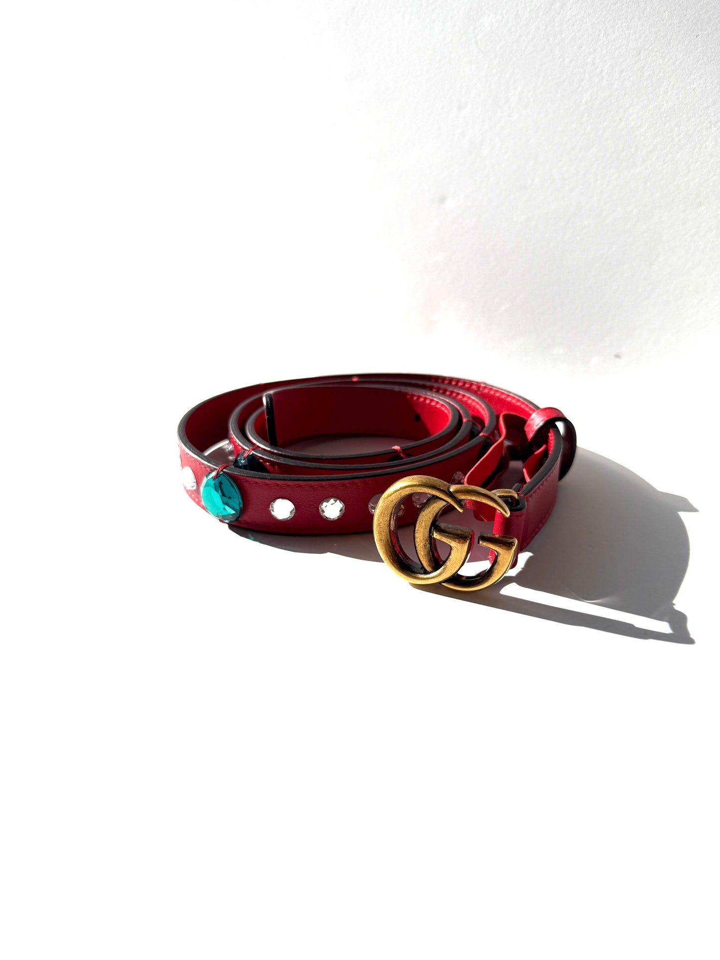 GUCCI GG Red Crystal Embellished Skinny Leather Belt 100 40