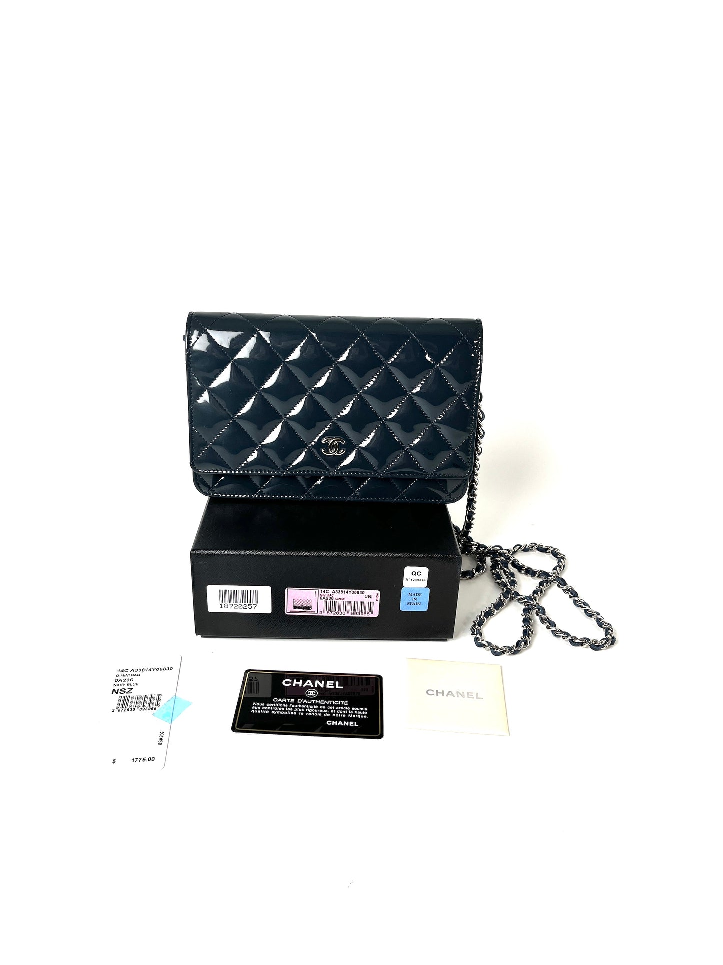 CHANEL 14C WOC Wallet on Chain Navy Blue Patent Leather Crossbody Bag