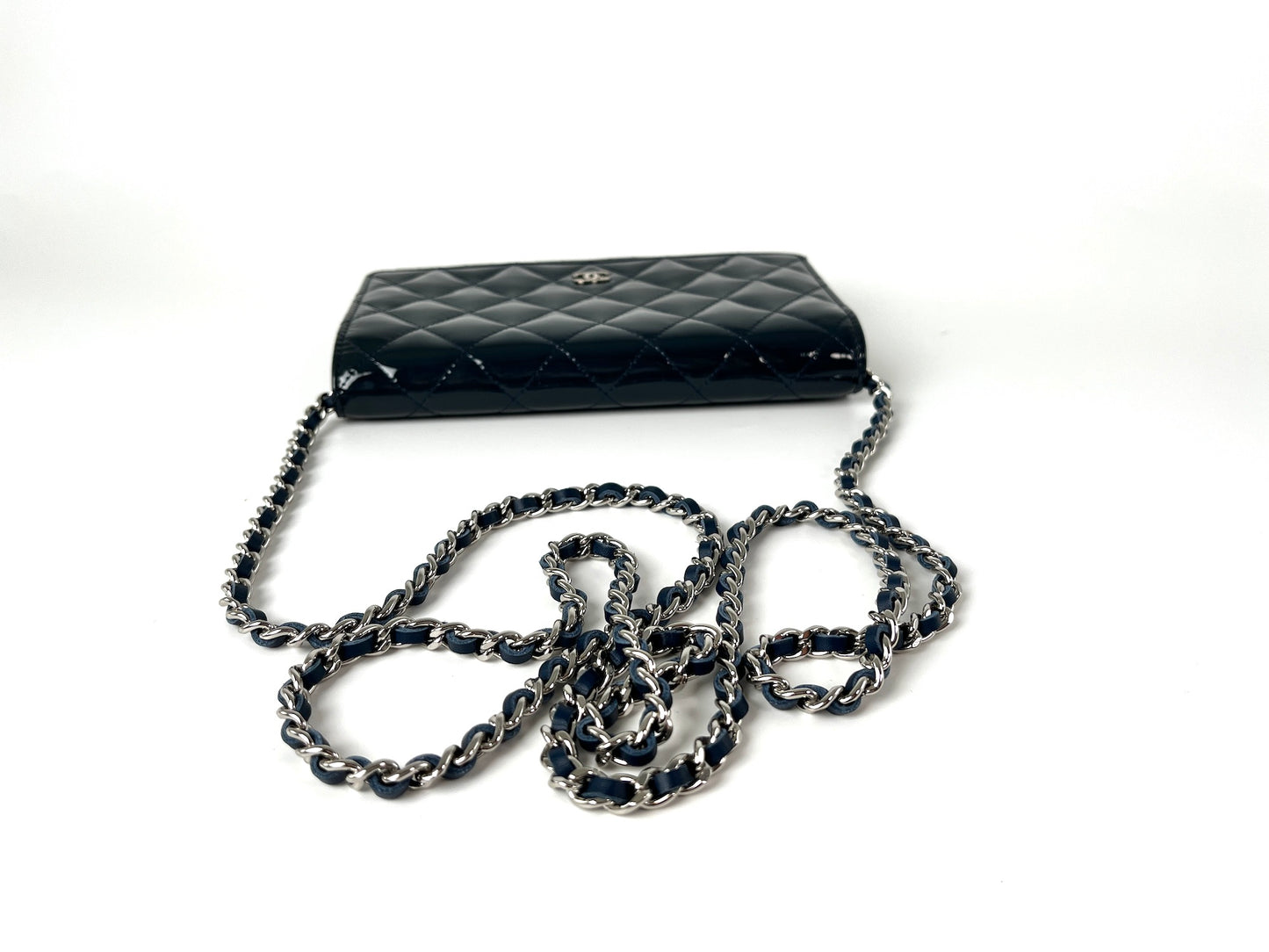 CHANEL 14C WOC Wallet on Chain Navy Blue Patent Leather Crossbody Bag