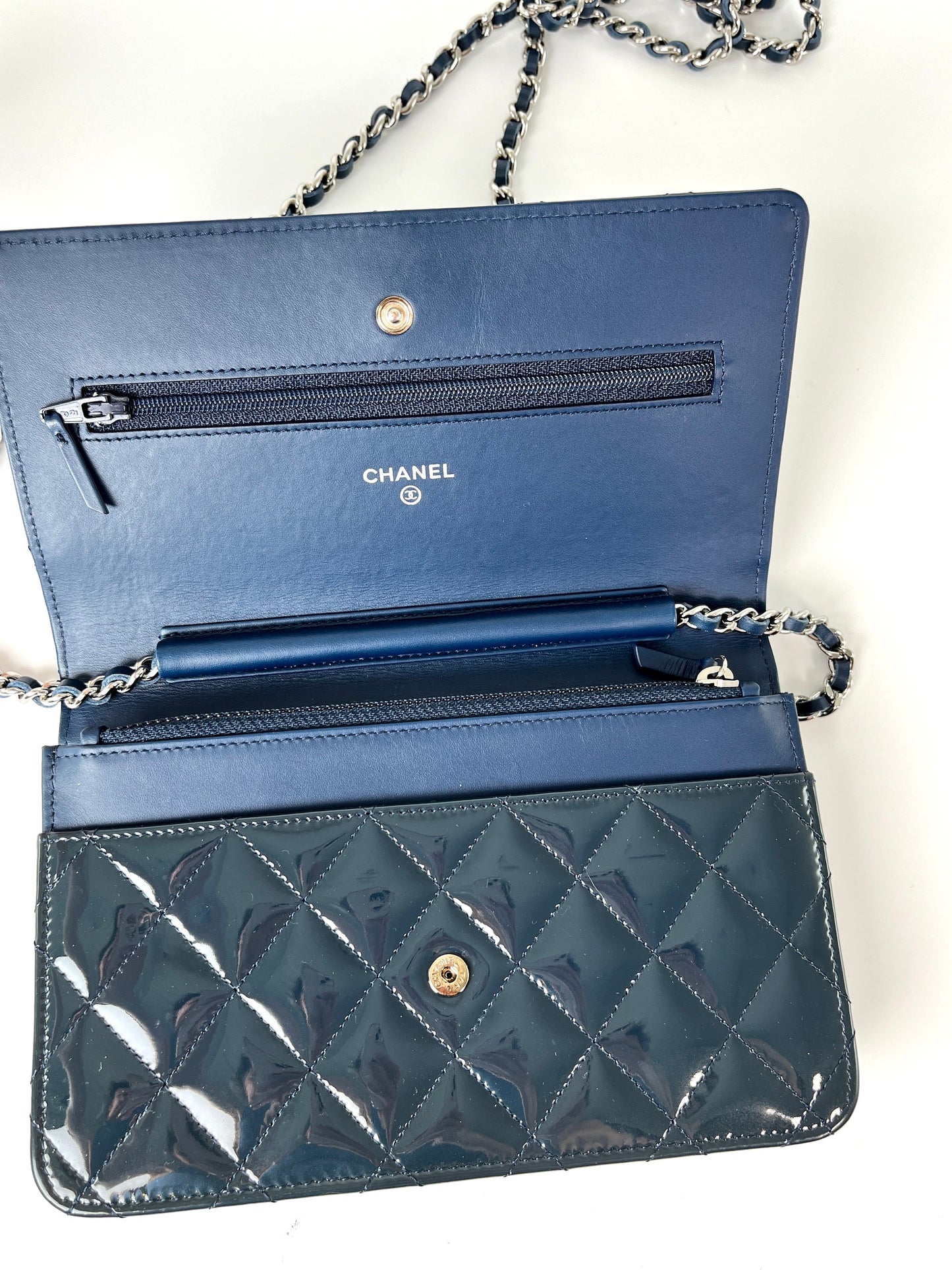 CHANEL 14C WOC Wallet on Chain Navy Blue Patent Leather Crossbody Bag
