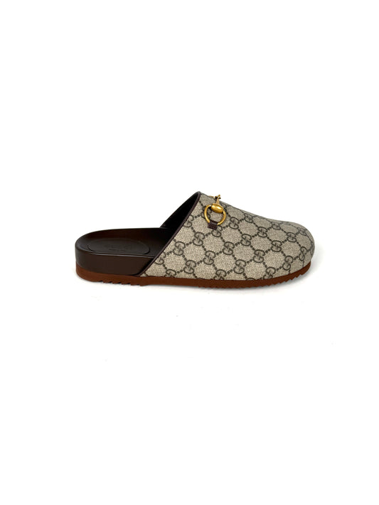 New GUCCI GG Supreme Monogram Horsebit Miro Brown Mules Slides Shoes  39.5, 9