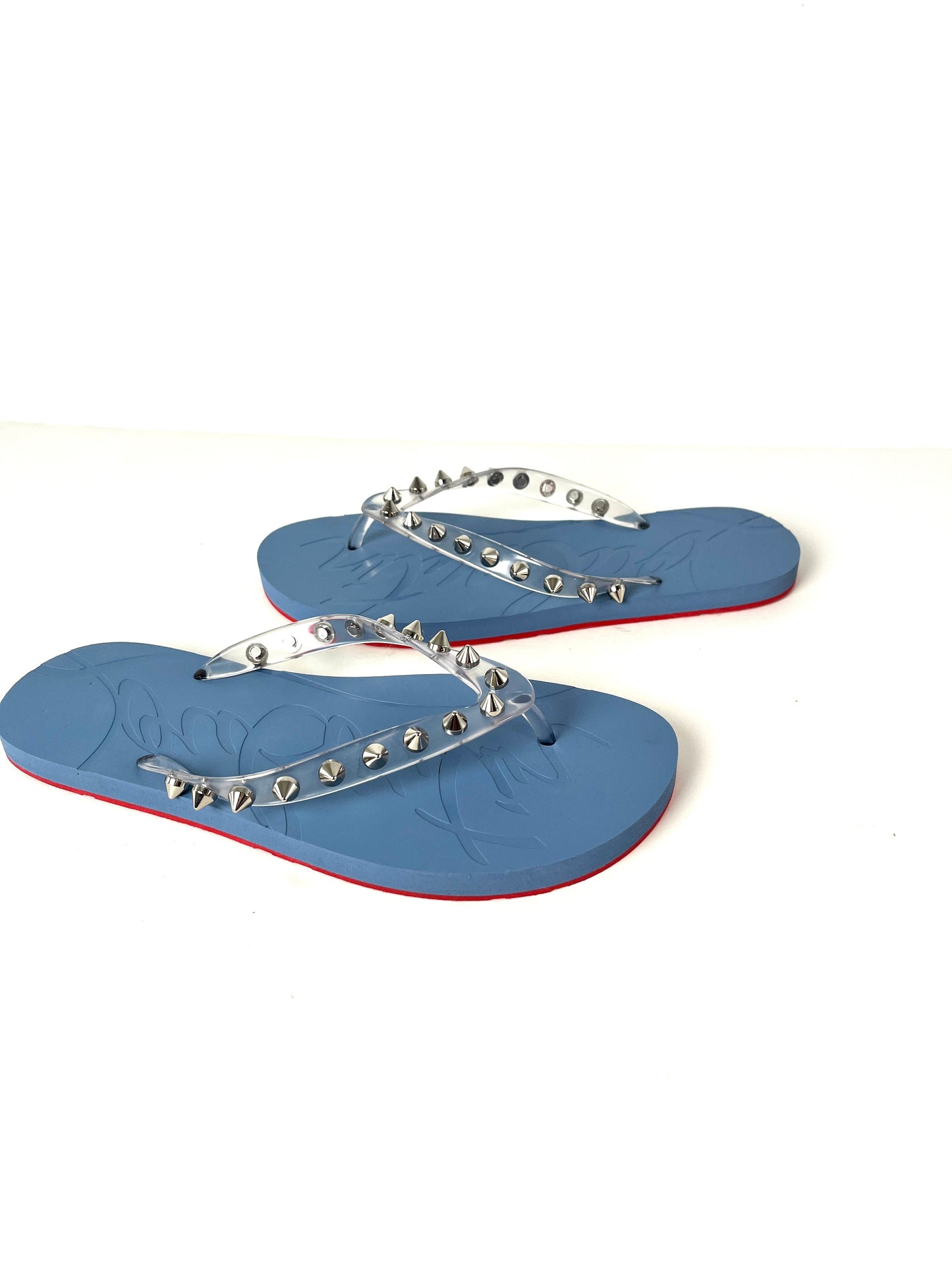 Christian Louboutin Loubi Donna Spike Studded Gray Blue Flip Flops Sandals 39