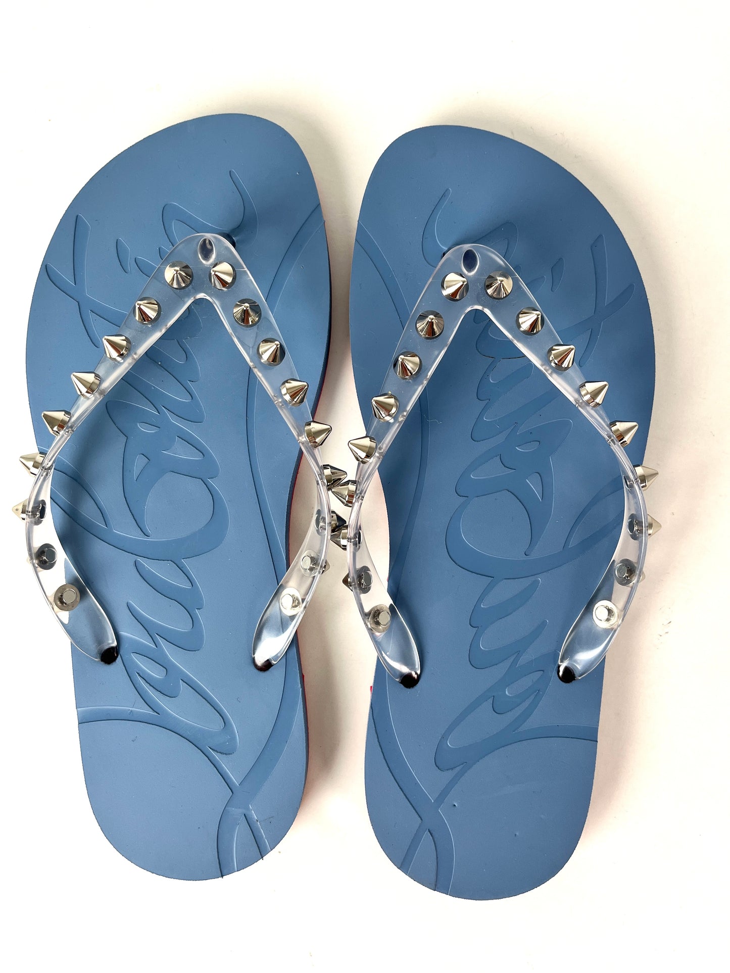 Christian Louboutin Loubi Donna Spike Studded Blue Flip Flops Sandals 39