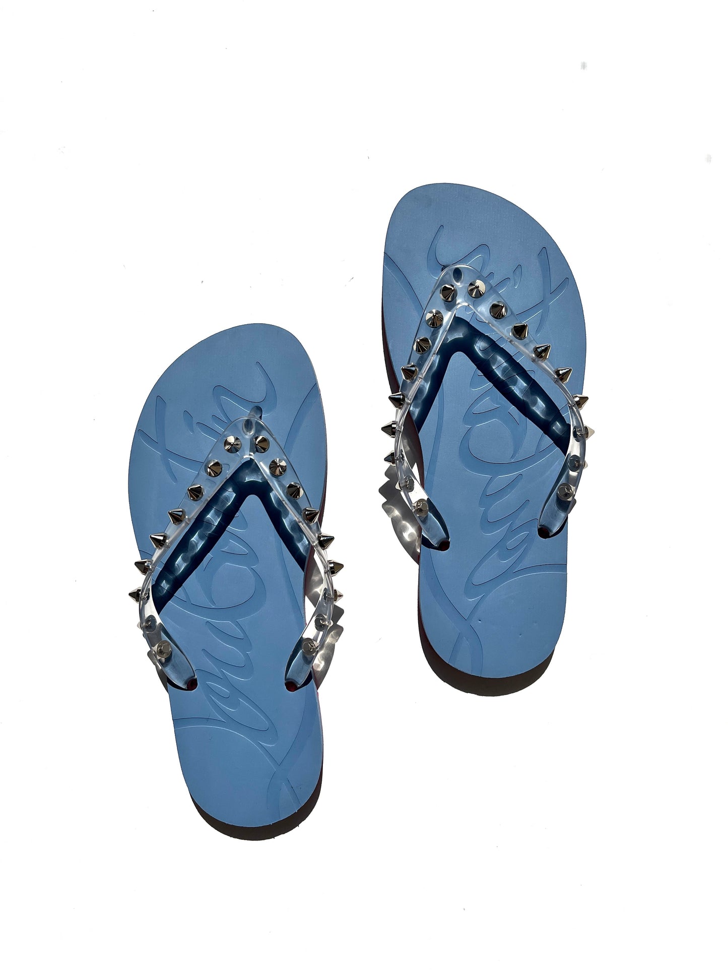 Christian Louboutin Loubi Donna Spike Studded Gray Blue Flip Flops Sandals 39