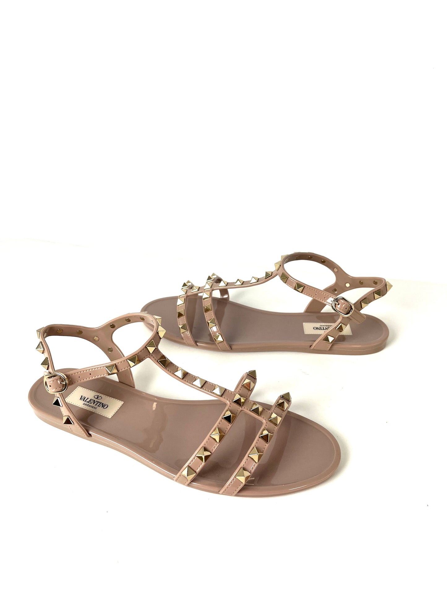 New Valentino Rockstud Poudre Beige Studded Rubber Flat Sandals 39 8.5
