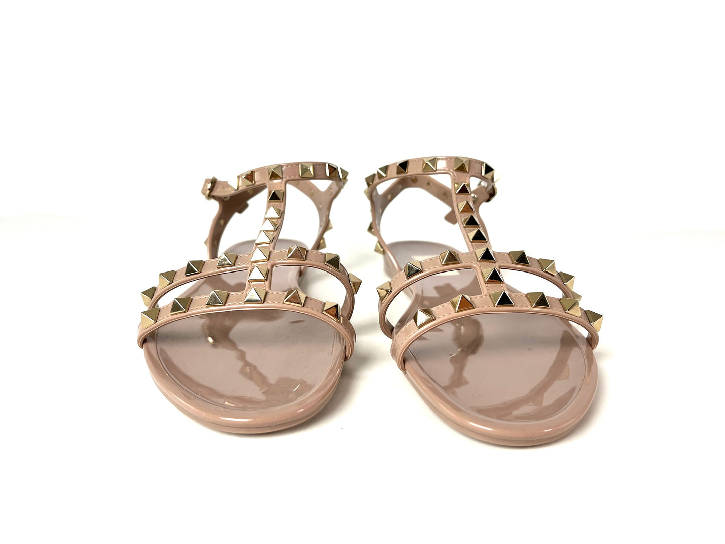 New Valentino Rockstud Poudre Beige Studded Rubber Flat Sandals 39 8.5