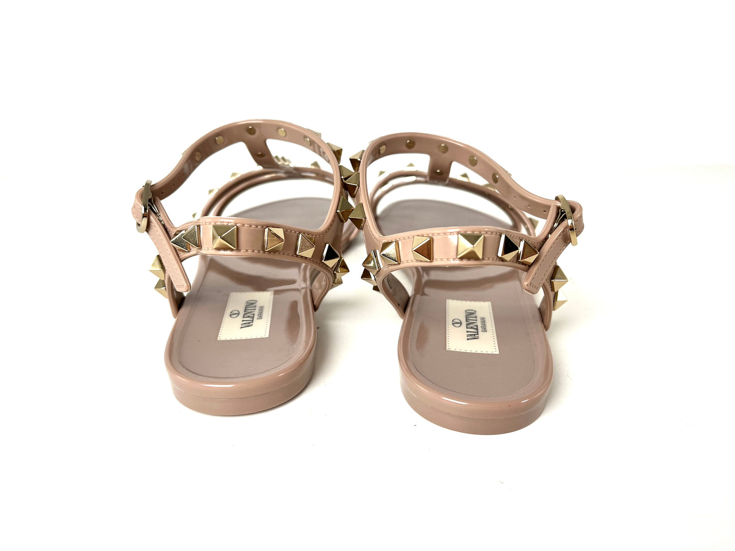New Valentino Rockstud Poudre Beige Studded Rubber Flat Sandals 39 8.5
