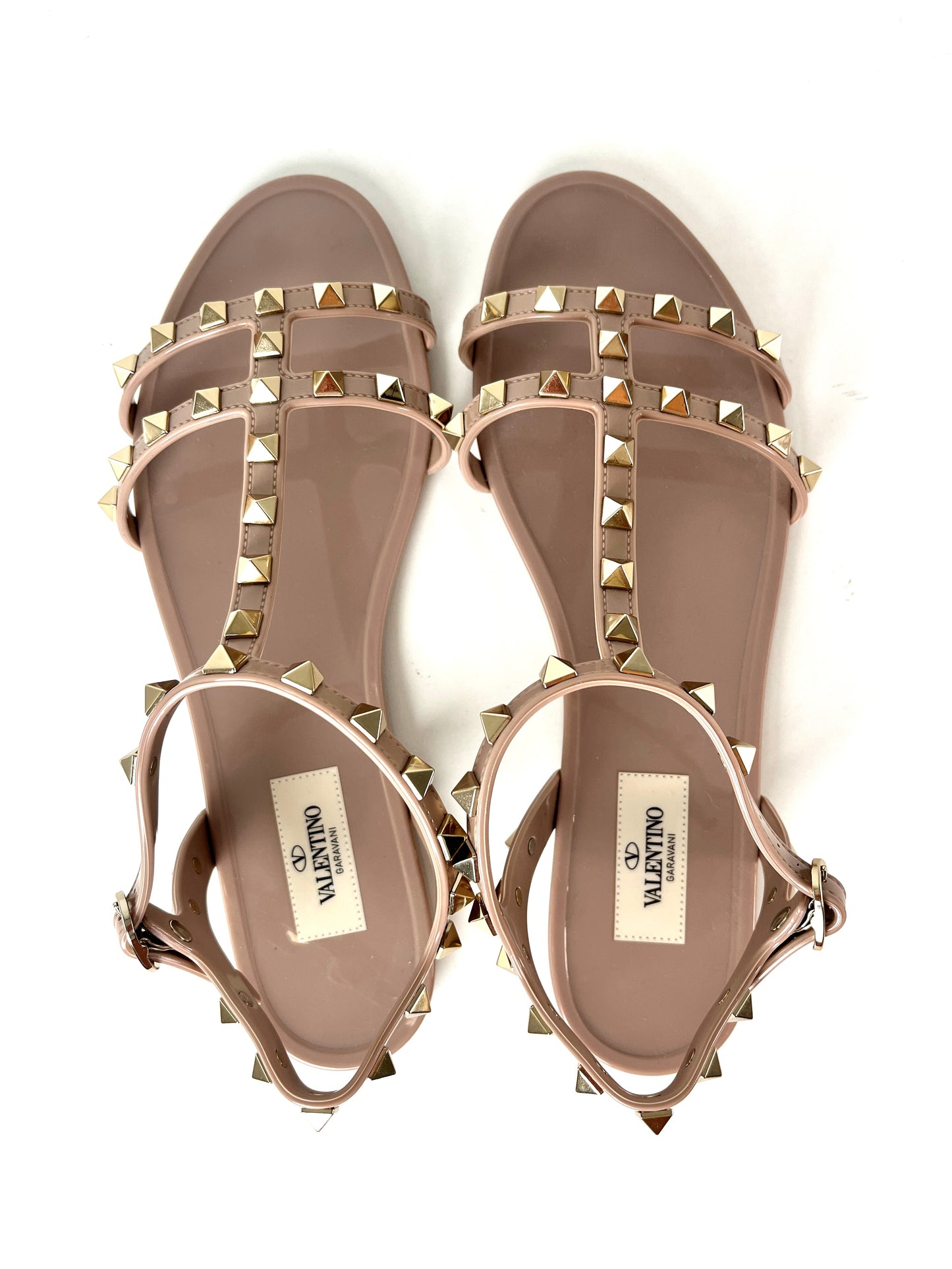 New Valentino Rockstud Poudre Beige Studded Rubber Flat Sandals 39 8.5