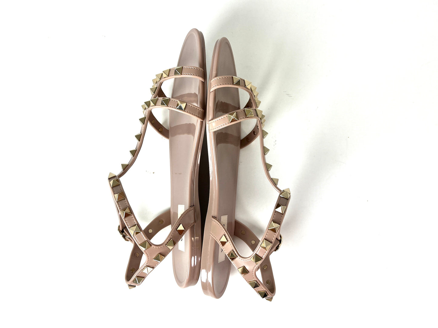 New Valentino Rockstud Poudre Beige Studded Rubber Flat Sandals 39 8.5