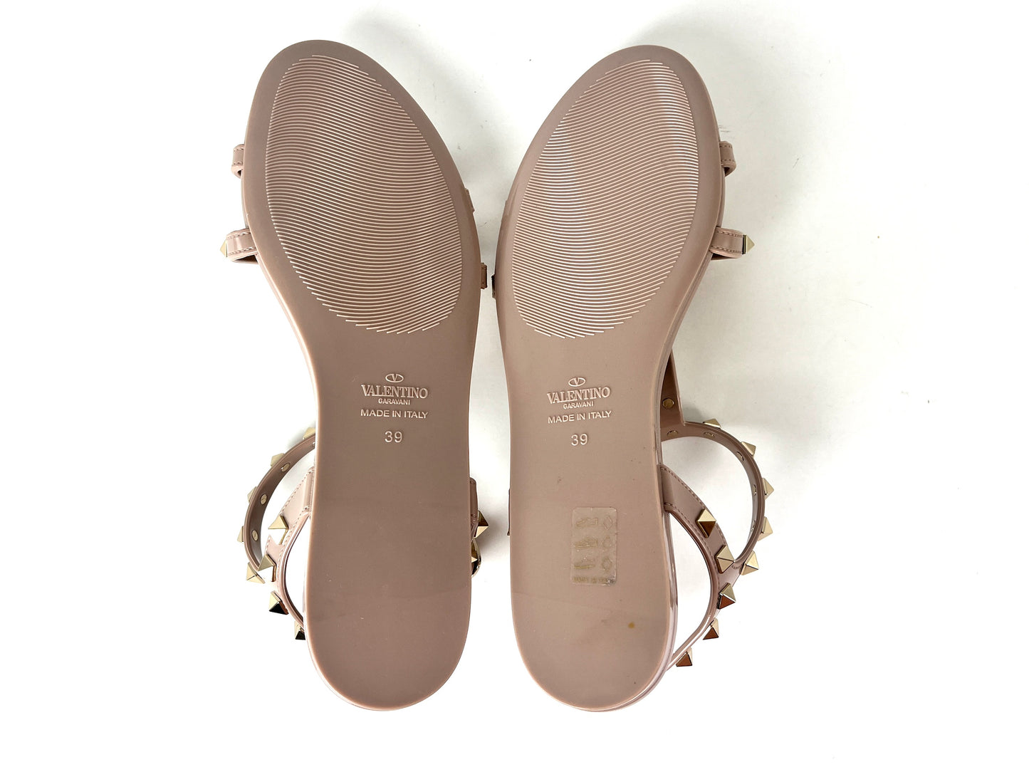 New Valentino Rockstud Poudre Beige Studded Rubber Flat Sandals 39 8.5