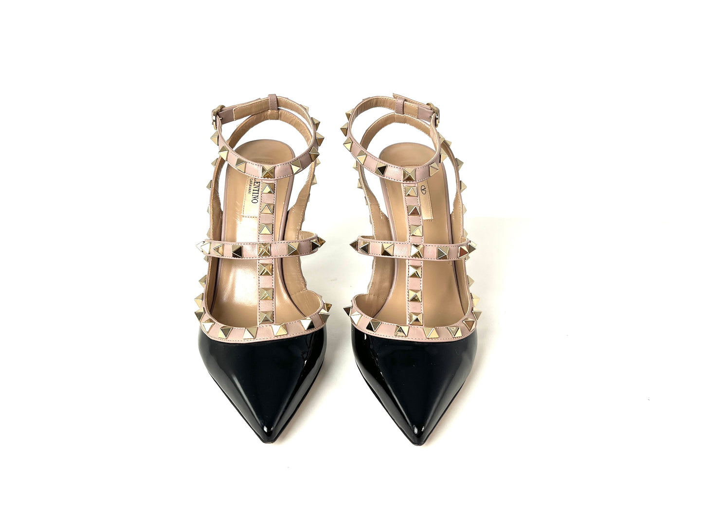 Valentino Rockstud Studded Black Patent Beige Leather 100mm Pumps 39 8.5