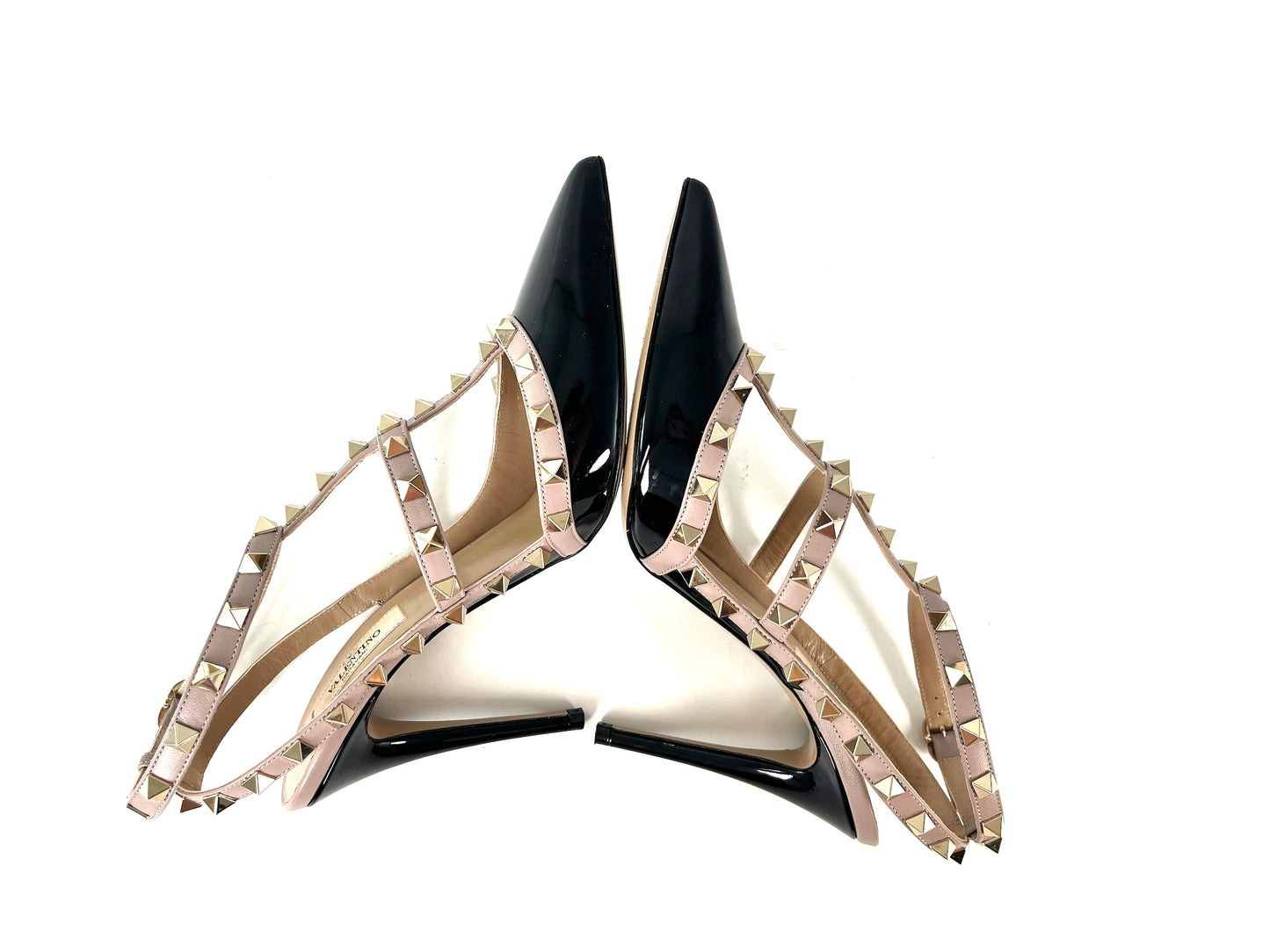 Valentino Rockstud Studded Black Patent Beige Leather 100mm Pumps 39 8.5